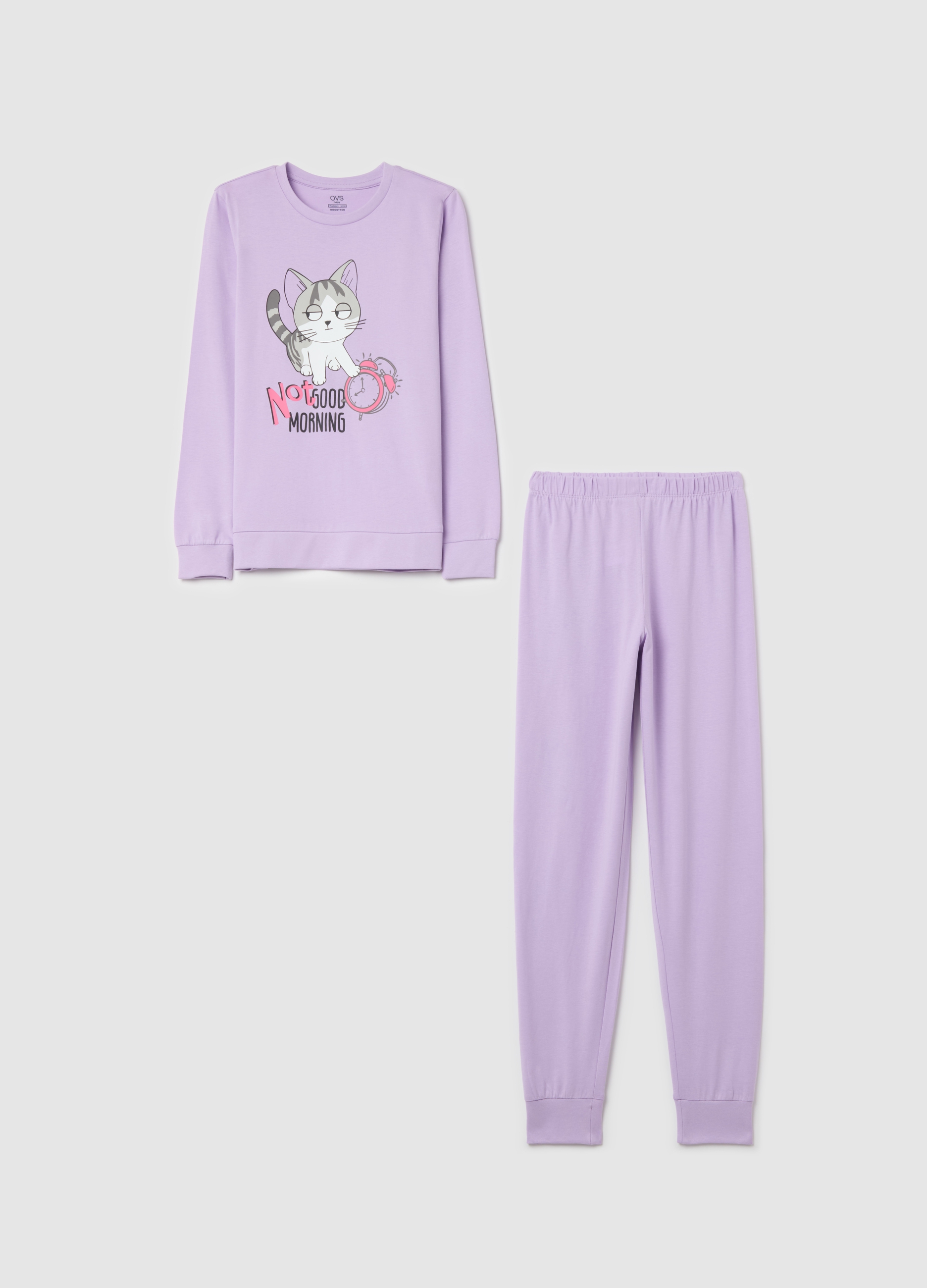 OVS, Pigiama In Cotone Bio Con Stampa not Good Morning, Bambina, Viola, Taglia: 10-11