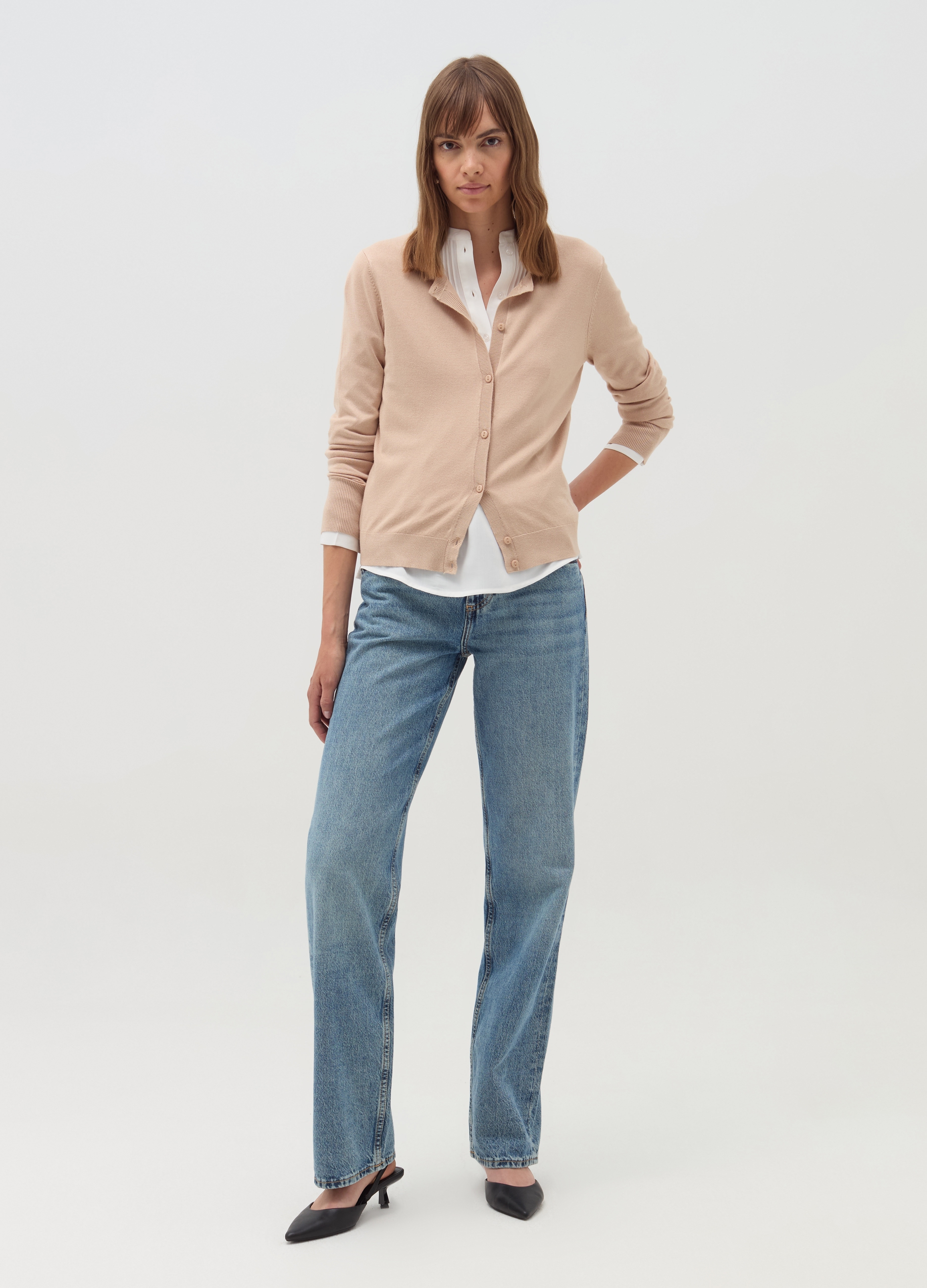 OVS, Cardigan Con Scollo Rotondo, Donna, Beige, Taglia: S