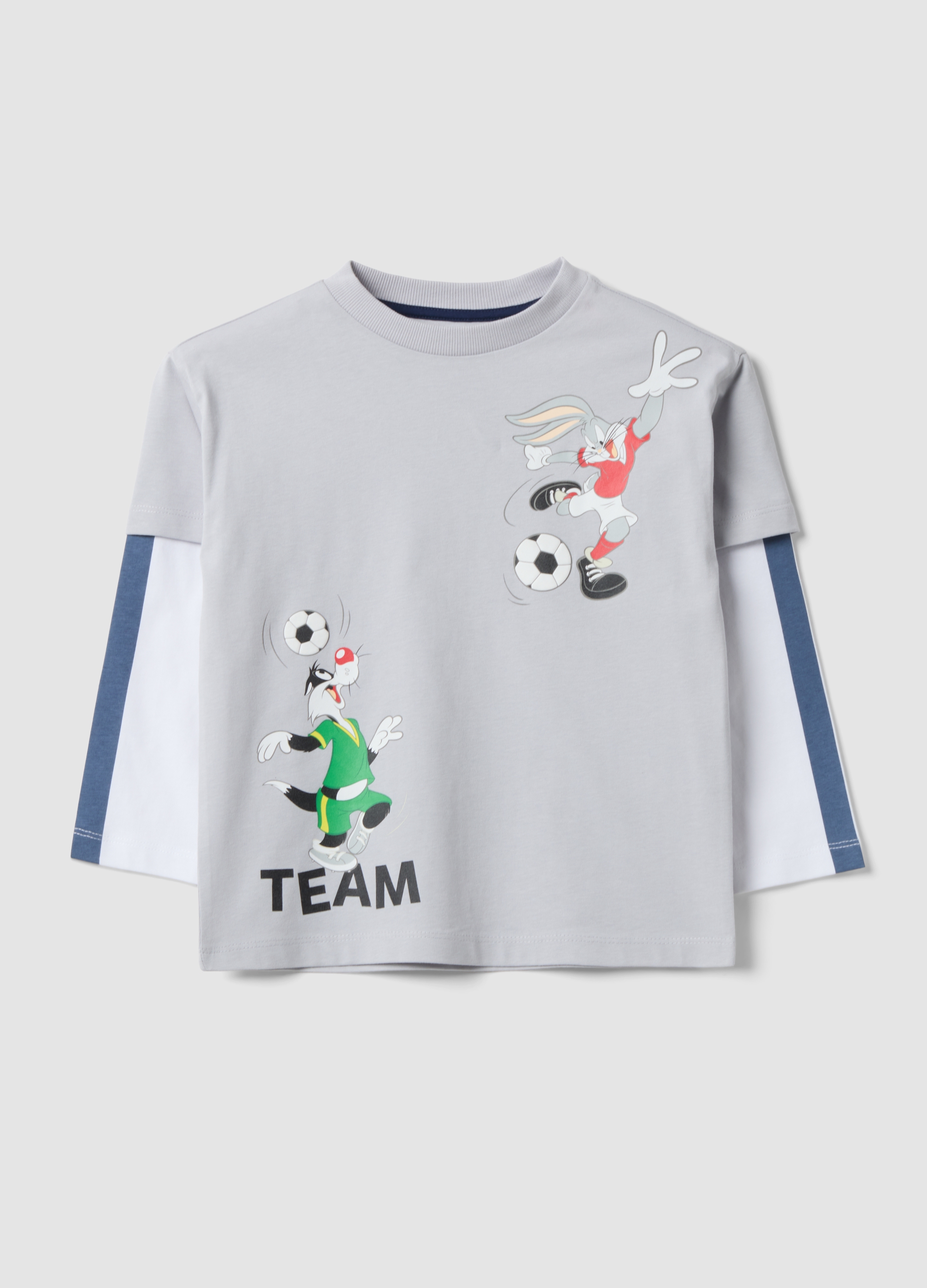WARNER BROS, T-shirt Grigia In Puro Cotone A Maniche Lunghe Con Stampa Looney Tunes Per Bambino, Grigio, Taglia: 3-4