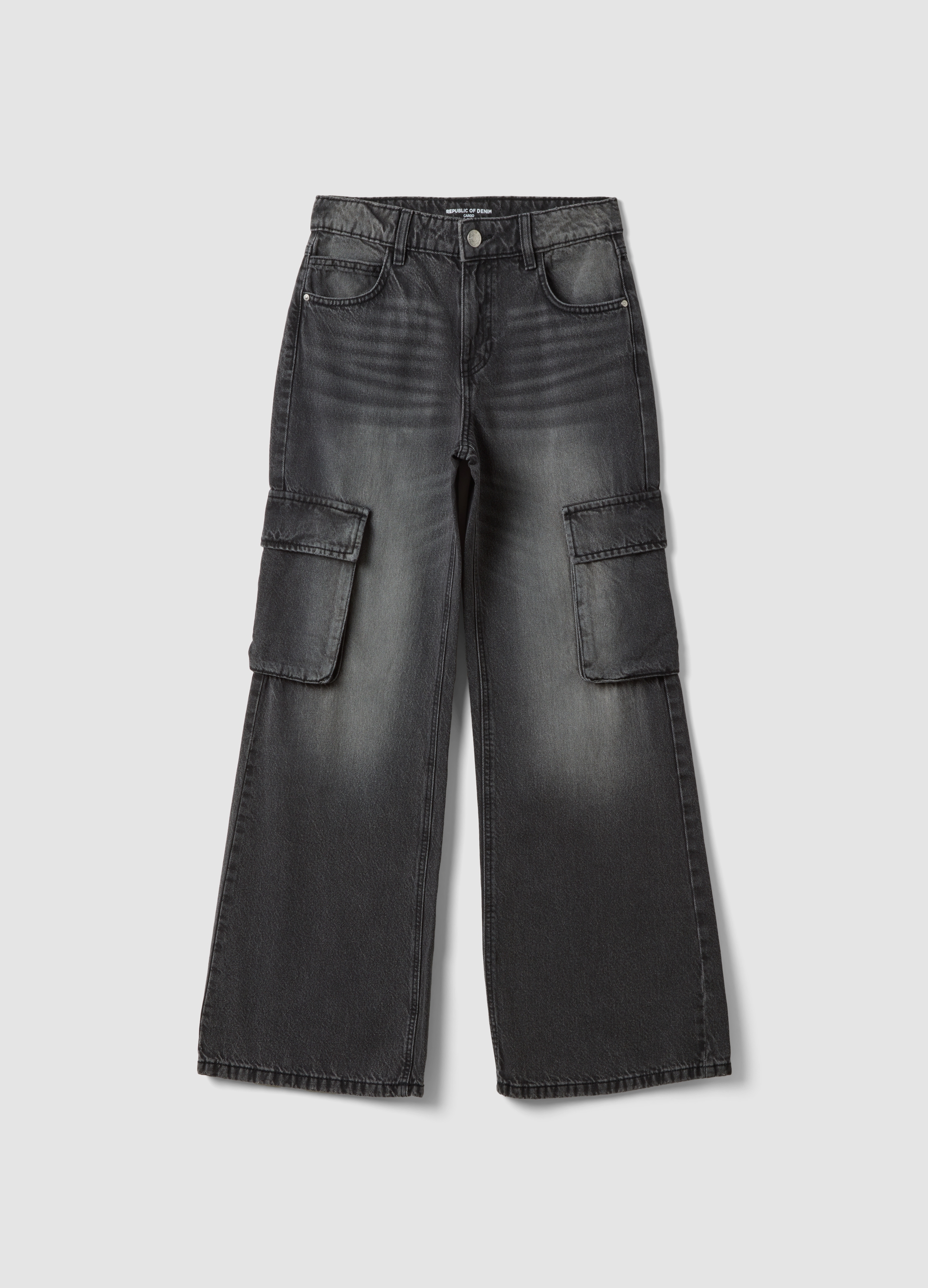 REPUBLIC OF DENIM, Jeans Grigi Cargo In Puro Cotone Relaxed Fit Per Ragazza, Bambina, Nero, Taglia: 10-11