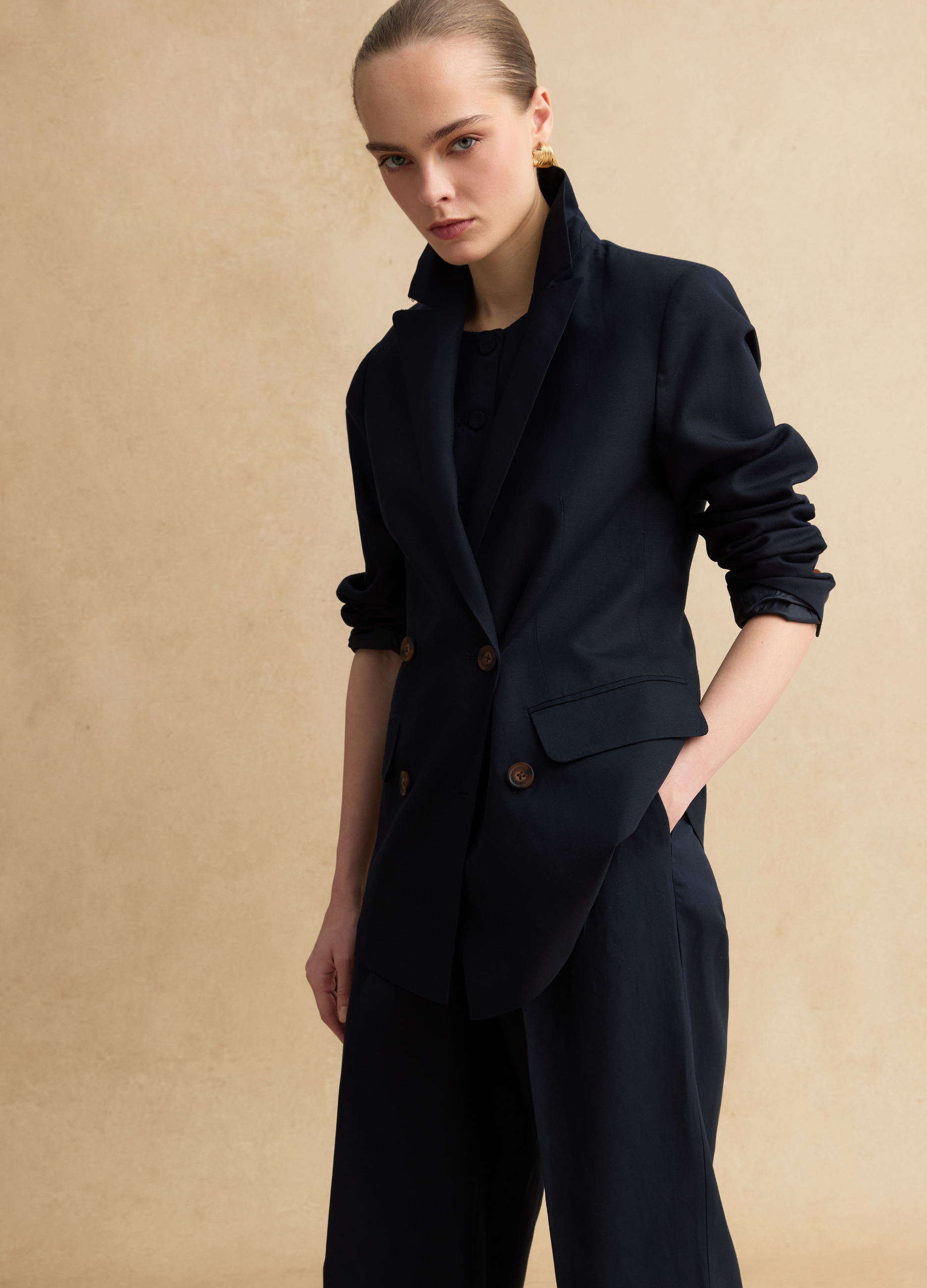 LES COPAINS, Blazer Cruzado En Lyocell Y Lino Azul, Ajuste Regular, Mujer, Azul marino, Talla: 34