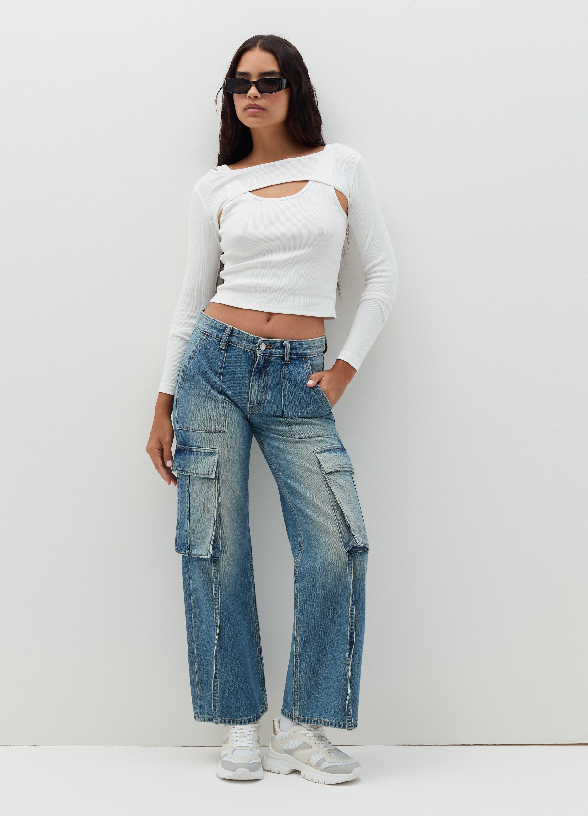 Camiseta De Manga Larga Con Detalle Cut Out, Mujer, Blanco óptico, Talla: 38