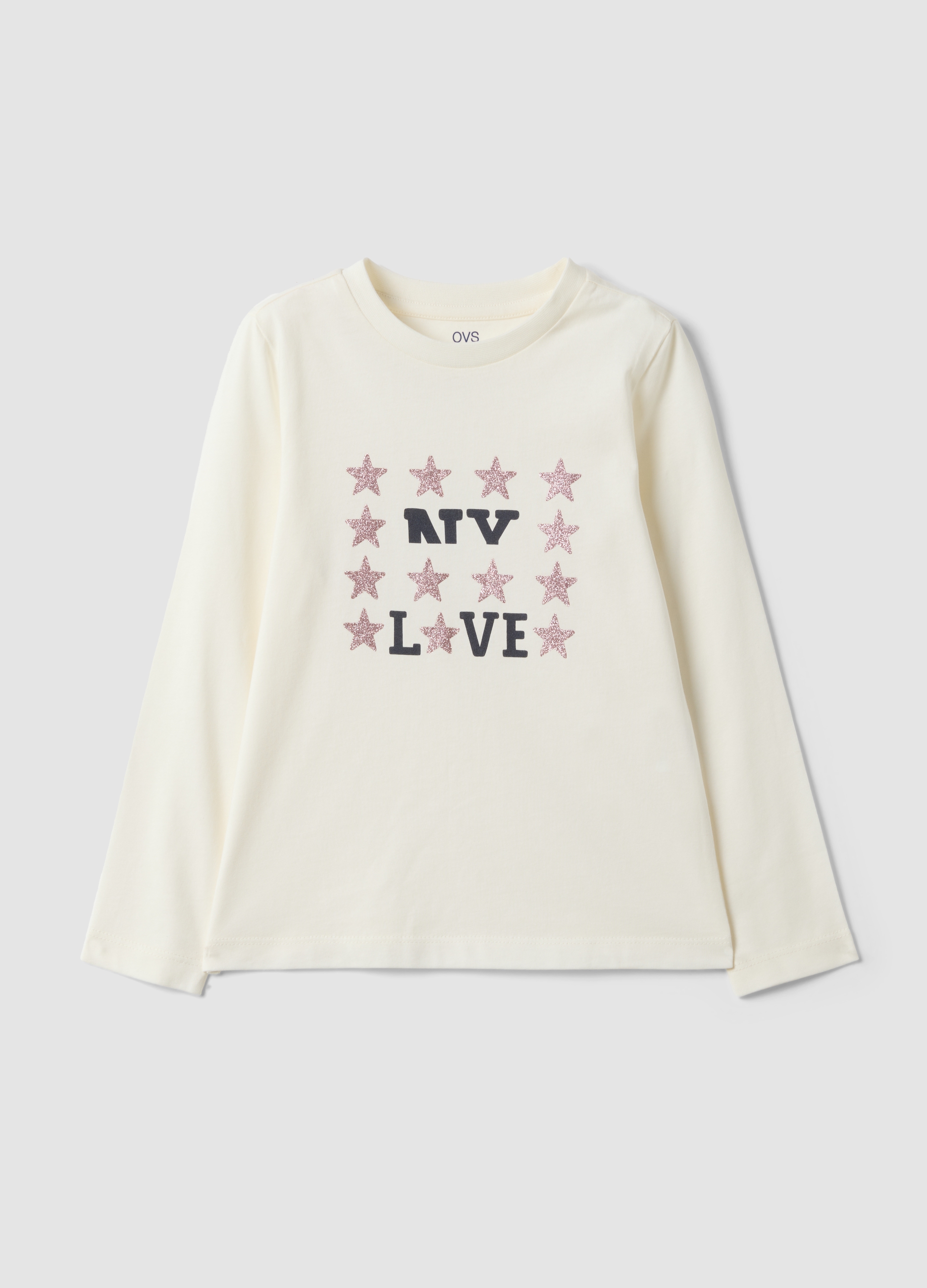 OVS KIDS, T-shirt Bianca In Puro Cotone Organico Con Stampa Glitterata Per Bambina, Bianco, Taglia: 6-7