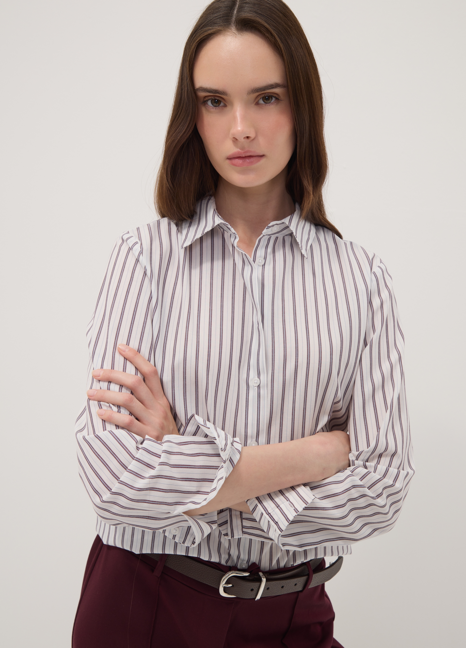 OVS, Camicia Bianca A Righe E A Maniche Lunghe Slim Fit, Donna, Bianco, Taglia: 42