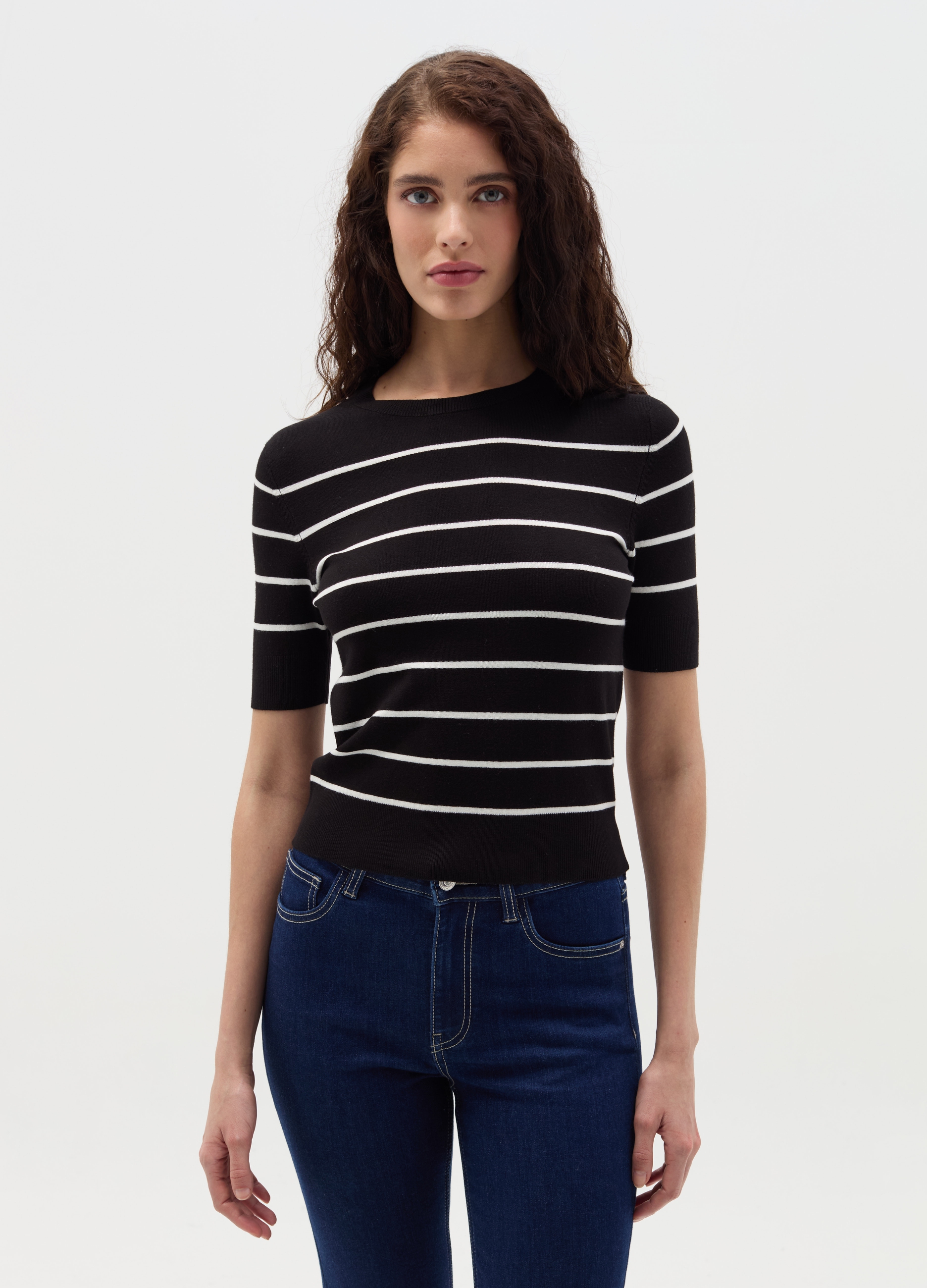 Jersey De Manga Corta Con Estampado De Rayas, Mujer, Negro/Blanco, Talla: 38