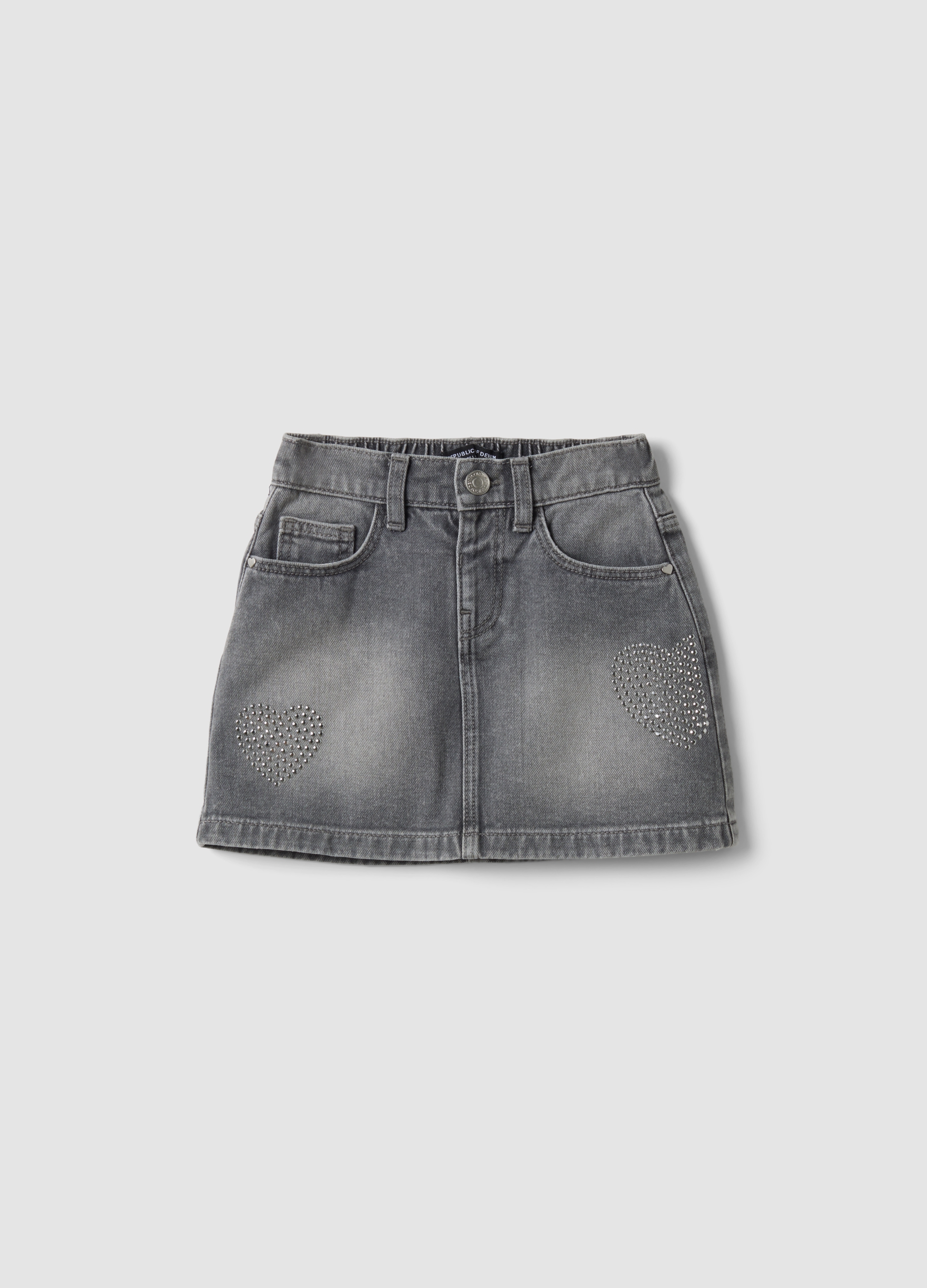 REPUBLIC OF DENIM, Gonna Grigia In Puro Cotone Con Cuori A Strass Per Bambina, Grigio, Taglia: 8-9