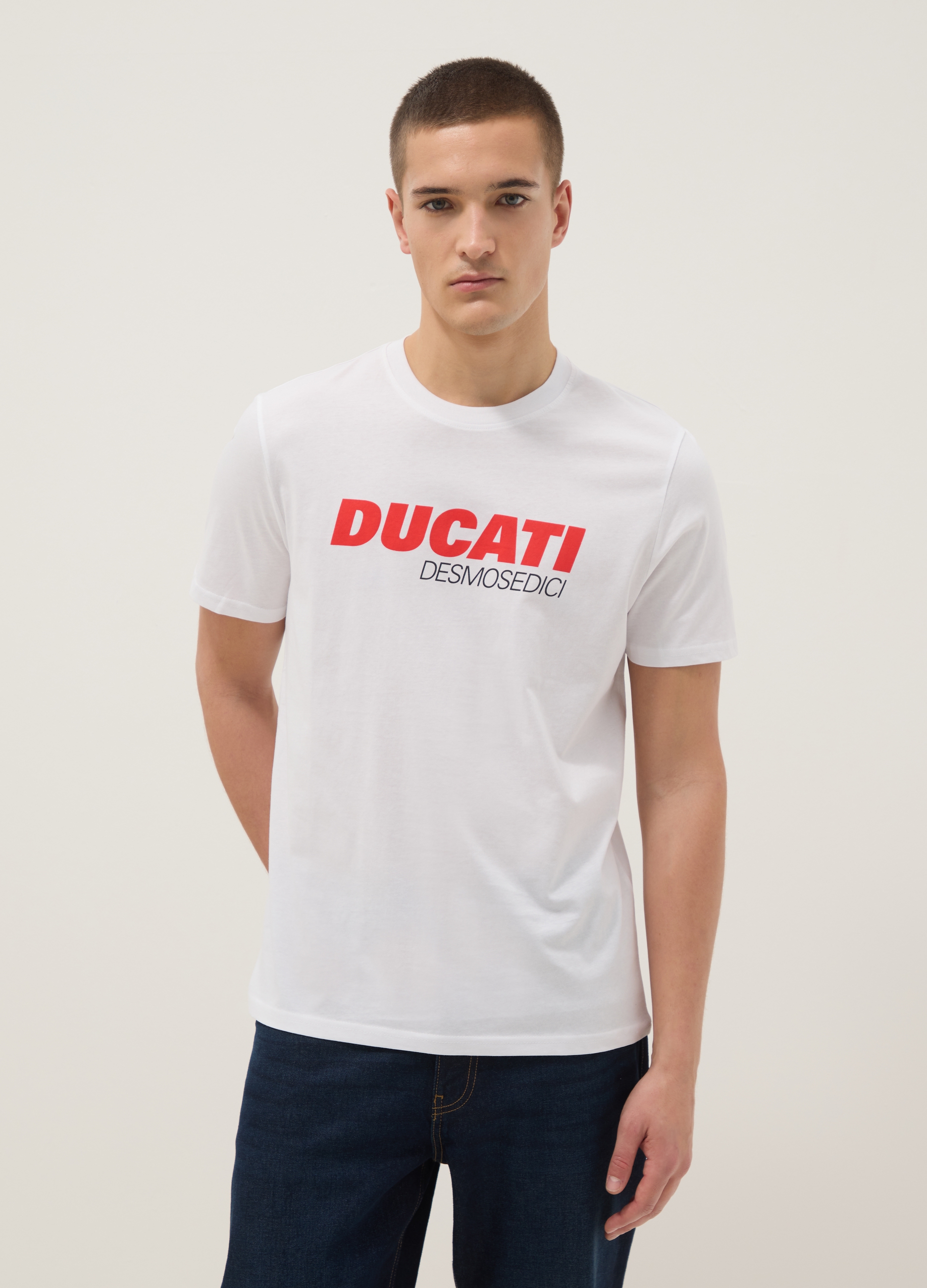 Camiseta Blanca De Puro Algodón Regular Fit Con Estampado Ducati, Hombre, Blanco óptico, Talla: L