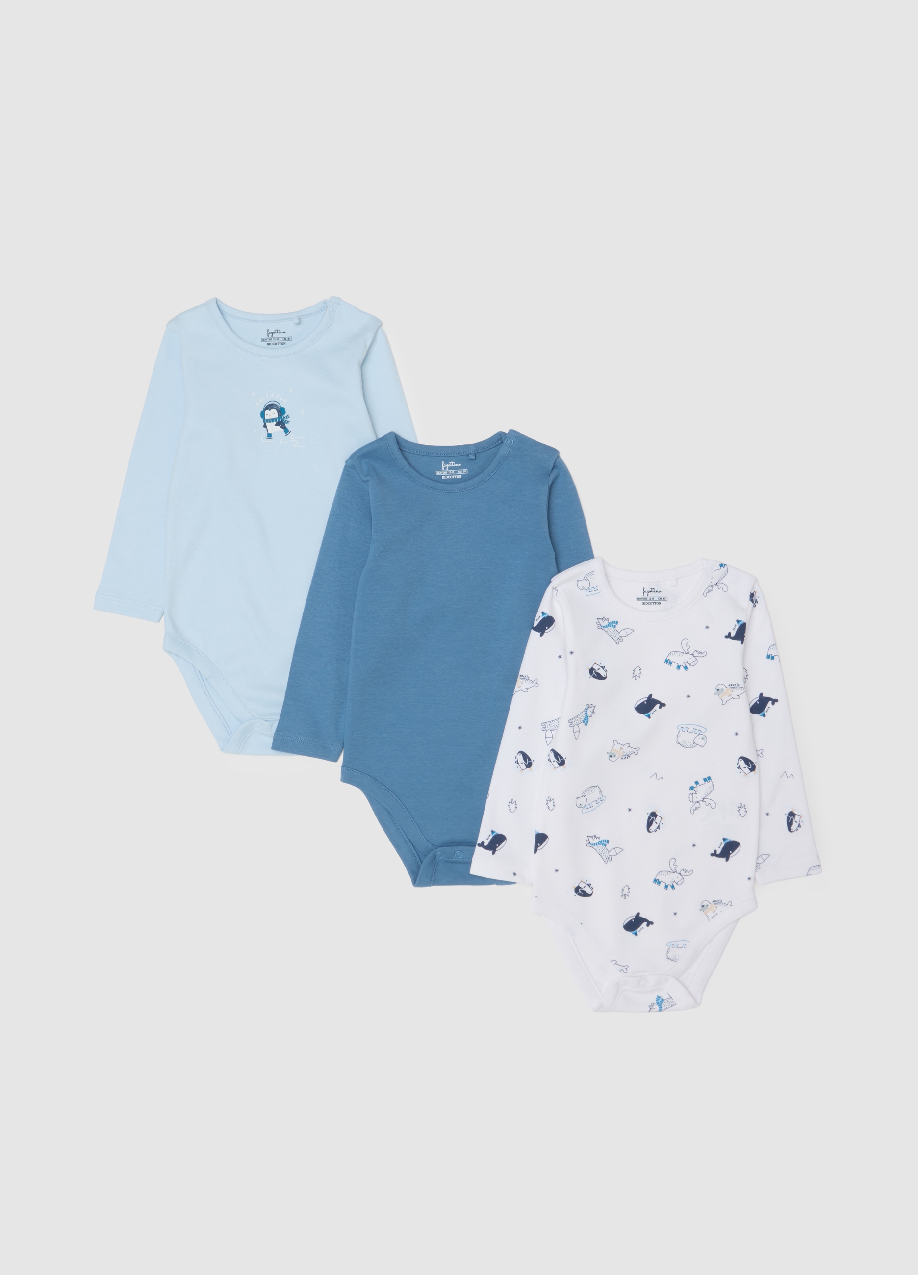FAGOTTINO, Tripack Body Da Neonato In Puro Cotone Multicolor A Maniche Lunghe, Niño, Azul/azul claro, Talla: 18-24