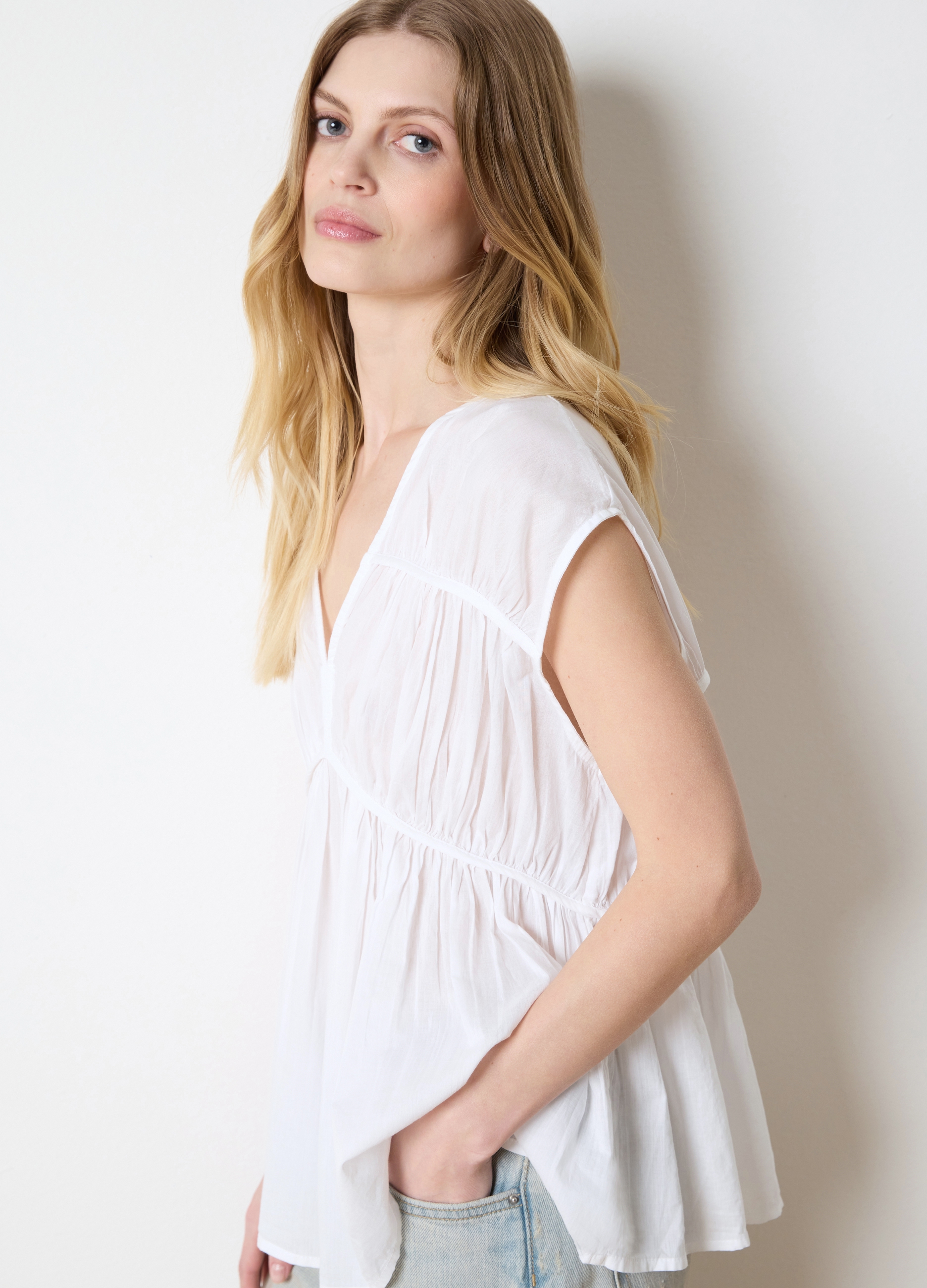 OVS, Blusa Smanicata In Cotone Bianco Con Arricciature, Donna, Bianco, Taglia: XS