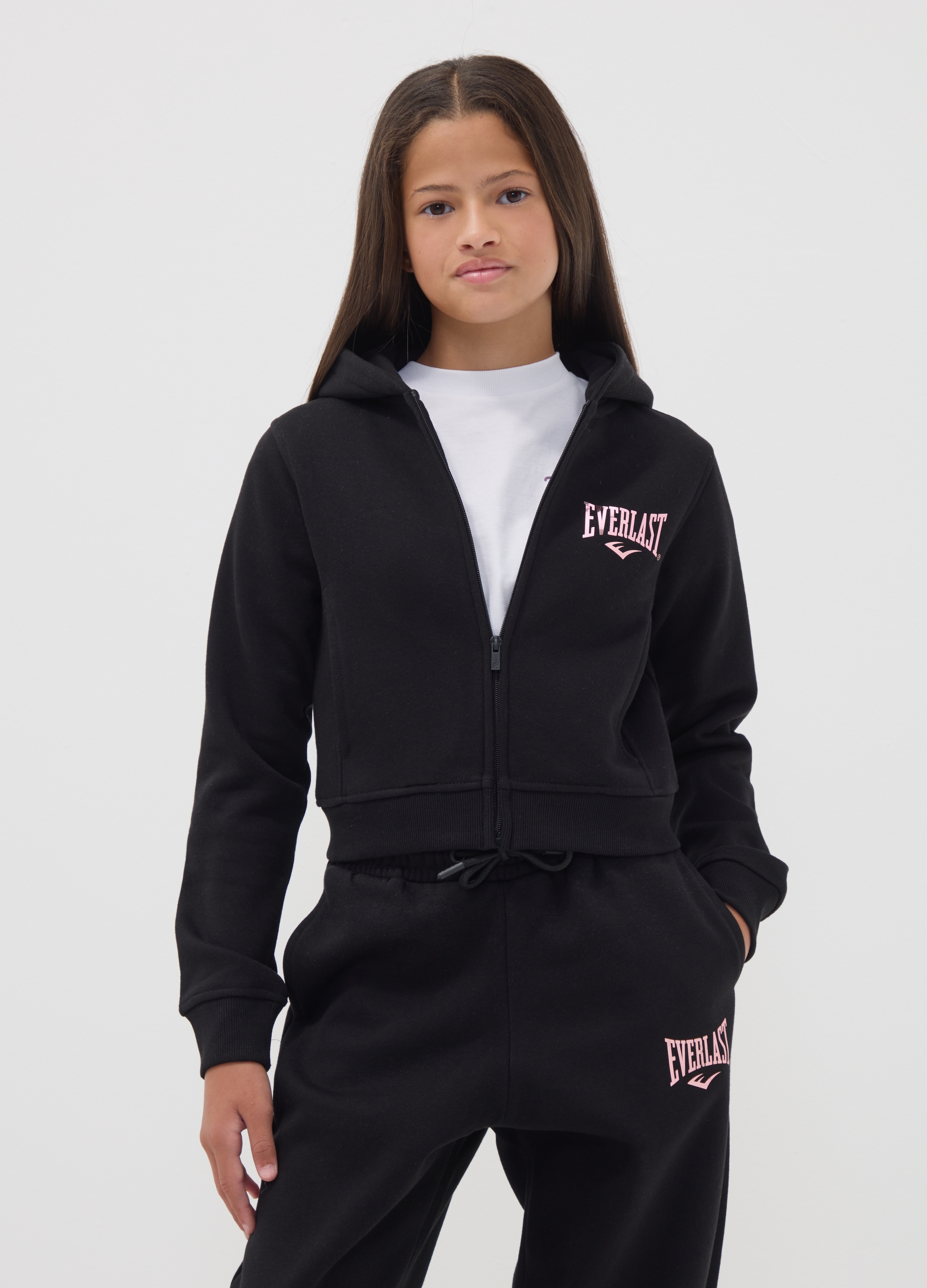 EVERLAST, Felpa Nera Con Cappuccio E Zip In Misto Cotone Per Ragazza Regular Fit, Unisex, Nero, Taglia: 10-11