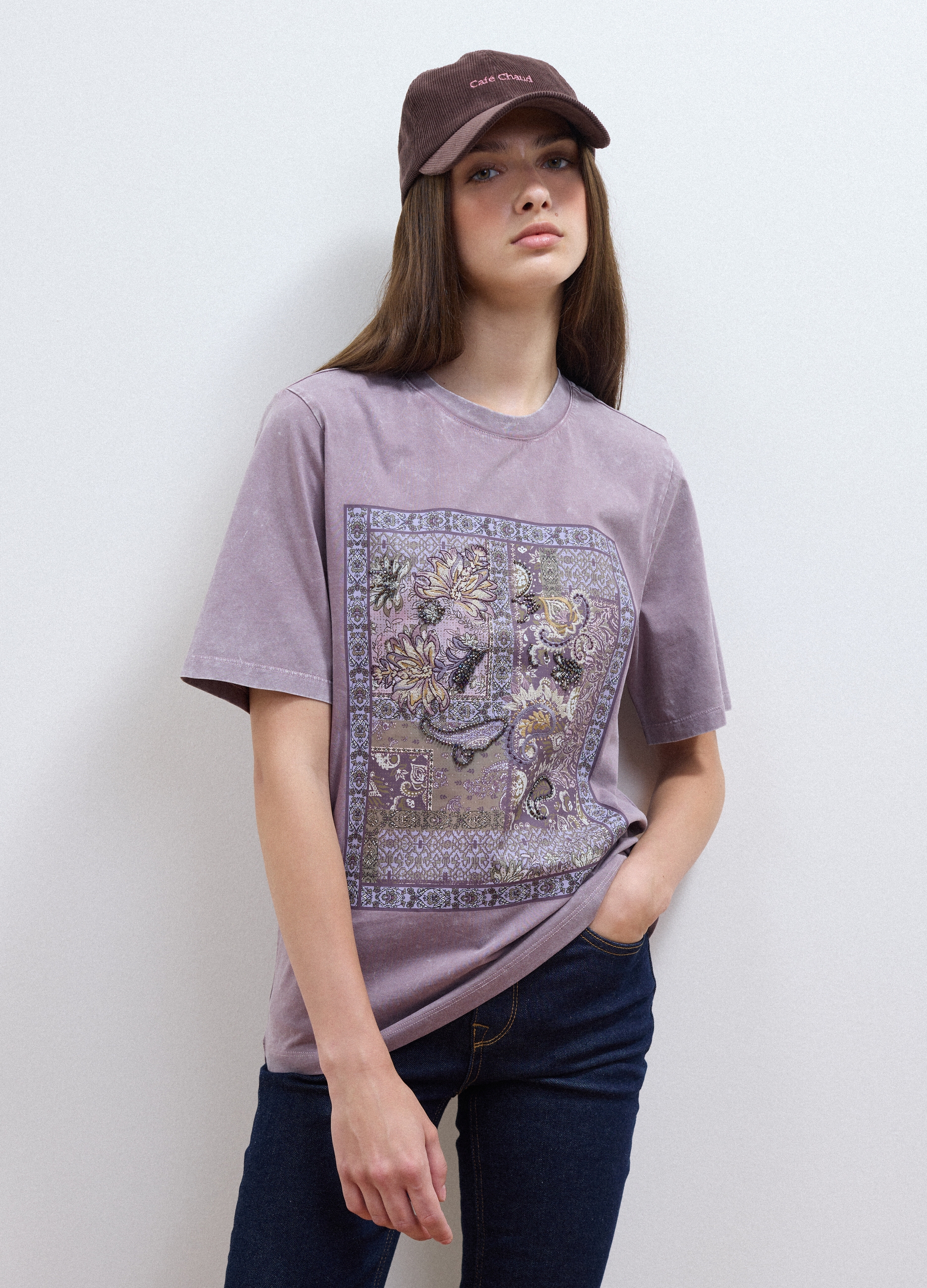 LES COPAINS, T-shirt Viola In Puro Cotone Con Stampa Floreale Relaxed Fit, Donna, Viola, Taglia: L