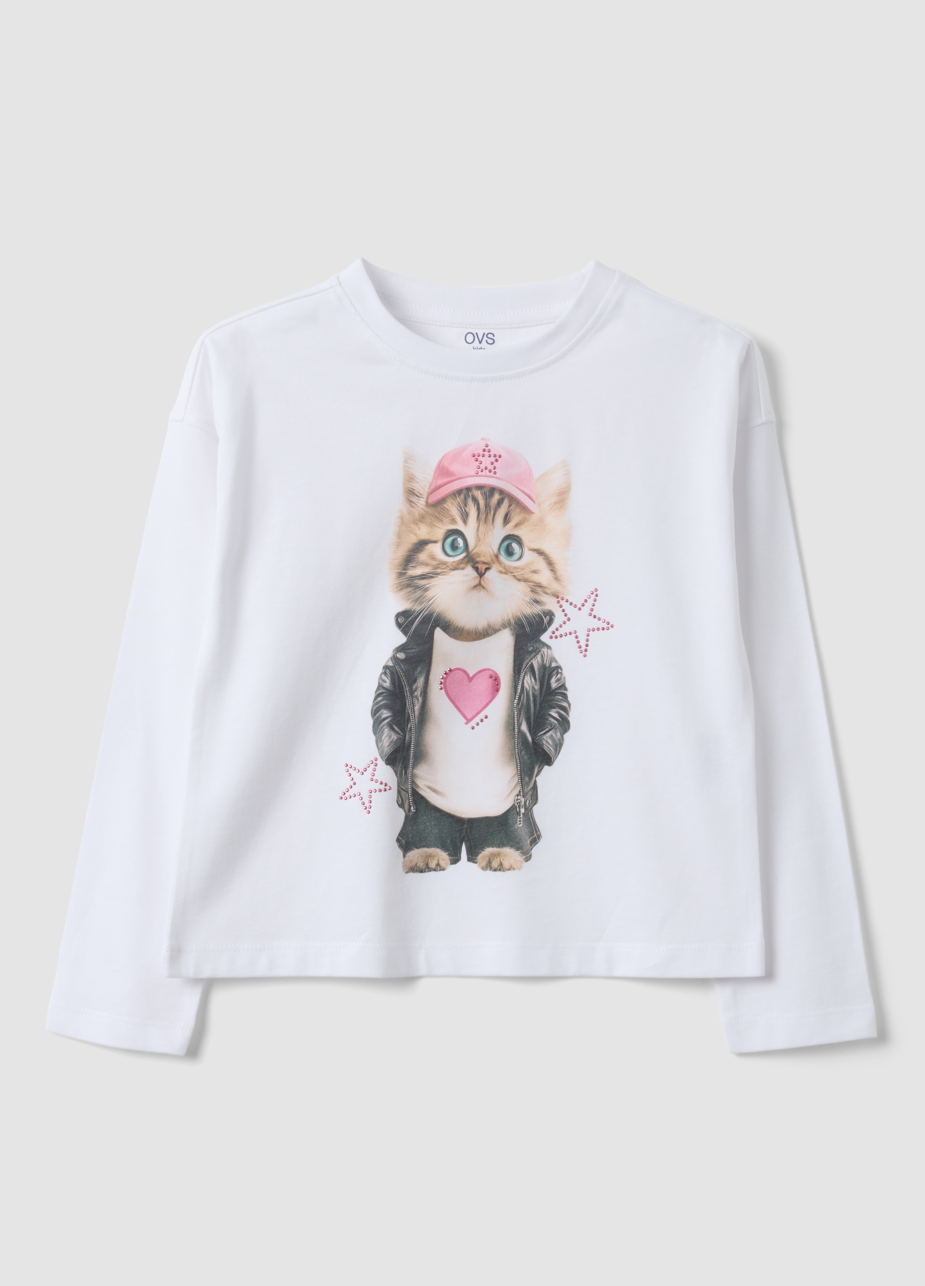 OVS KIDS, T-shirt Bianca A Maniche Lunghe In Puro Cotone Con Stampa Gattino Per Bambina, Bianco, Taglia: 3-4
