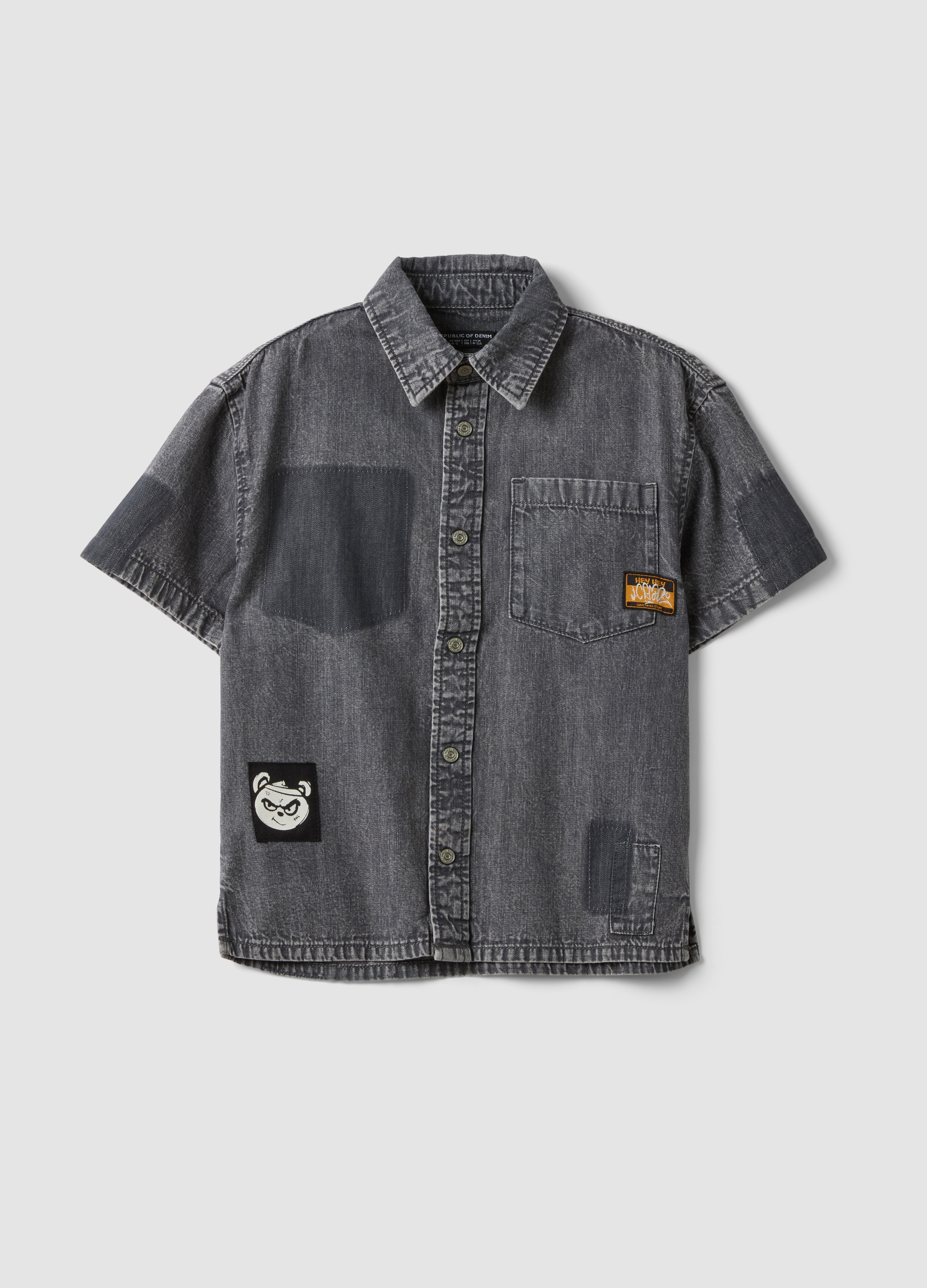 REPUBLIC OF DENIM, Camicia Grigia In Puro Cotone A Maniche Corte Con Patch Per Bambino, Grigio, Taglia: 5-6