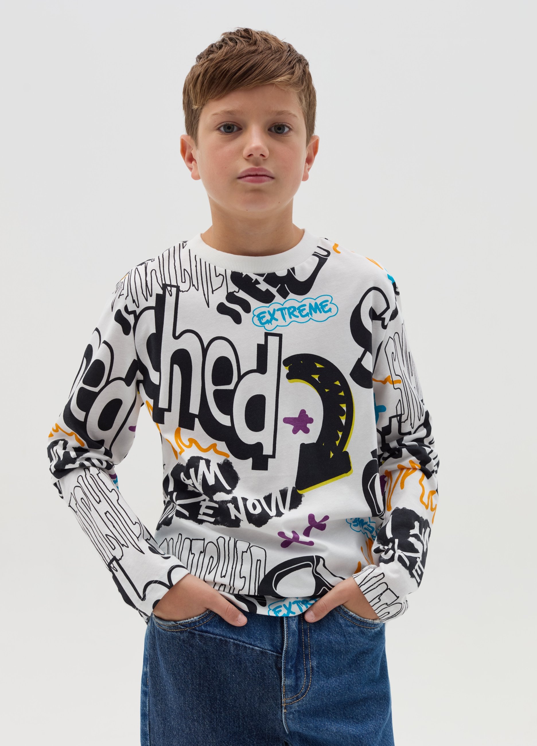 OVS KIDS, T-shirt A Maniche Lunghe Con Stampa All-over, Bambino, Bianco, Taglia: 11-12