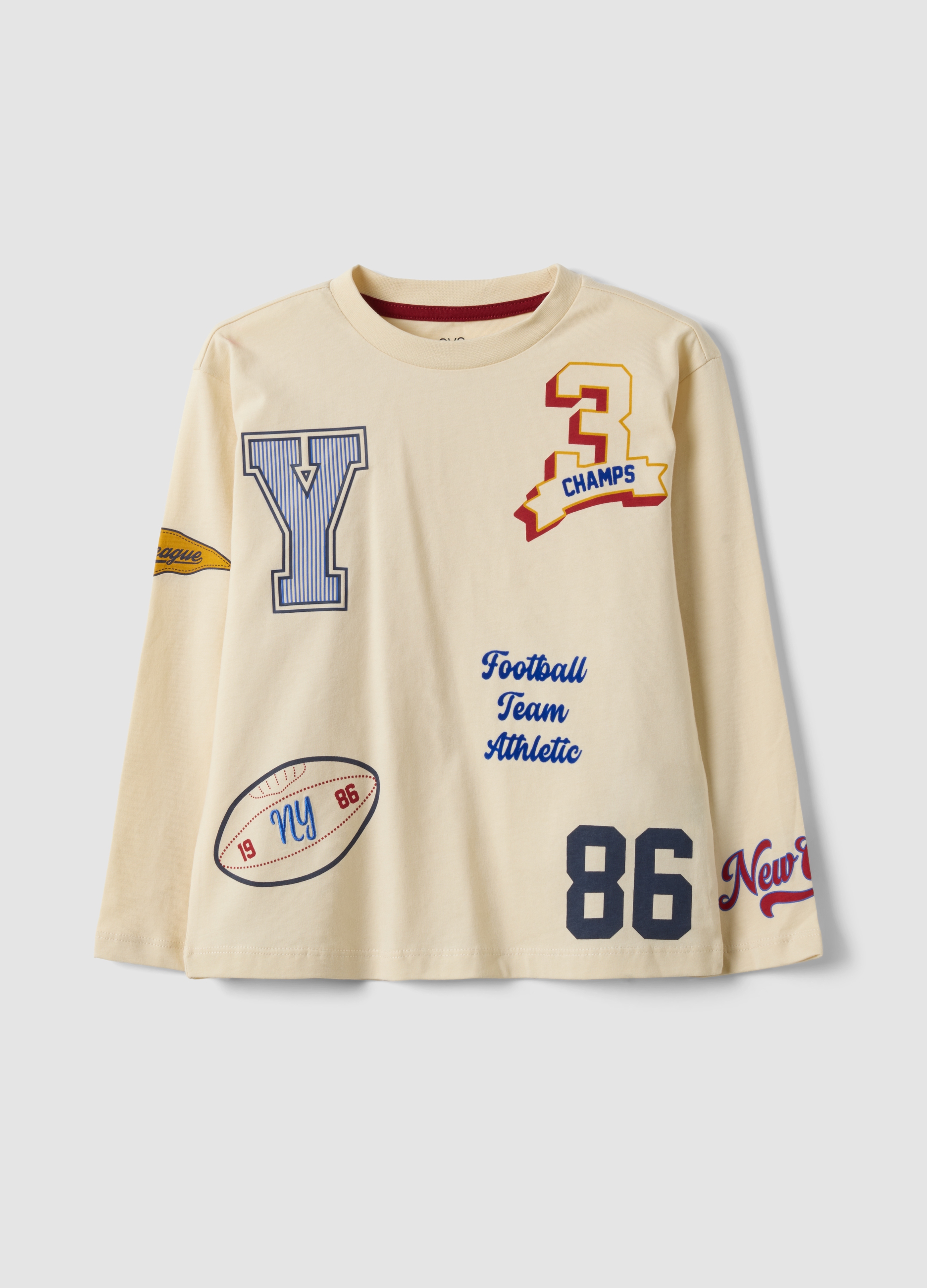 OVS KIDS, T-shirt Beige In Puro Cotone Con Girocollo E Stampe College Per Bambino, Beige, Taglia: 5-6