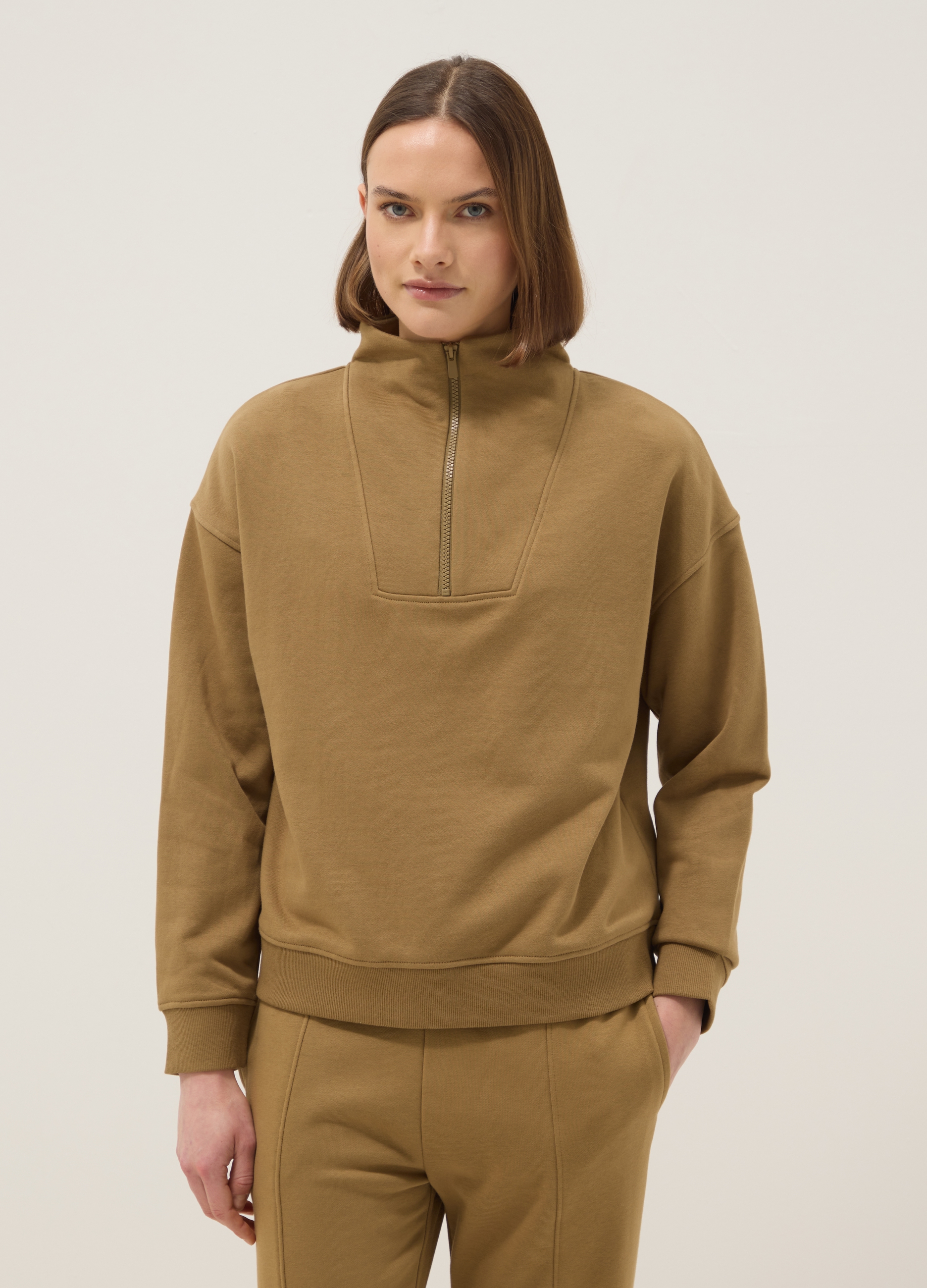 Sudadera Marrón En Mezcla De Algodón Con Media Cremallera, Mujer, Beige, Talla: 40