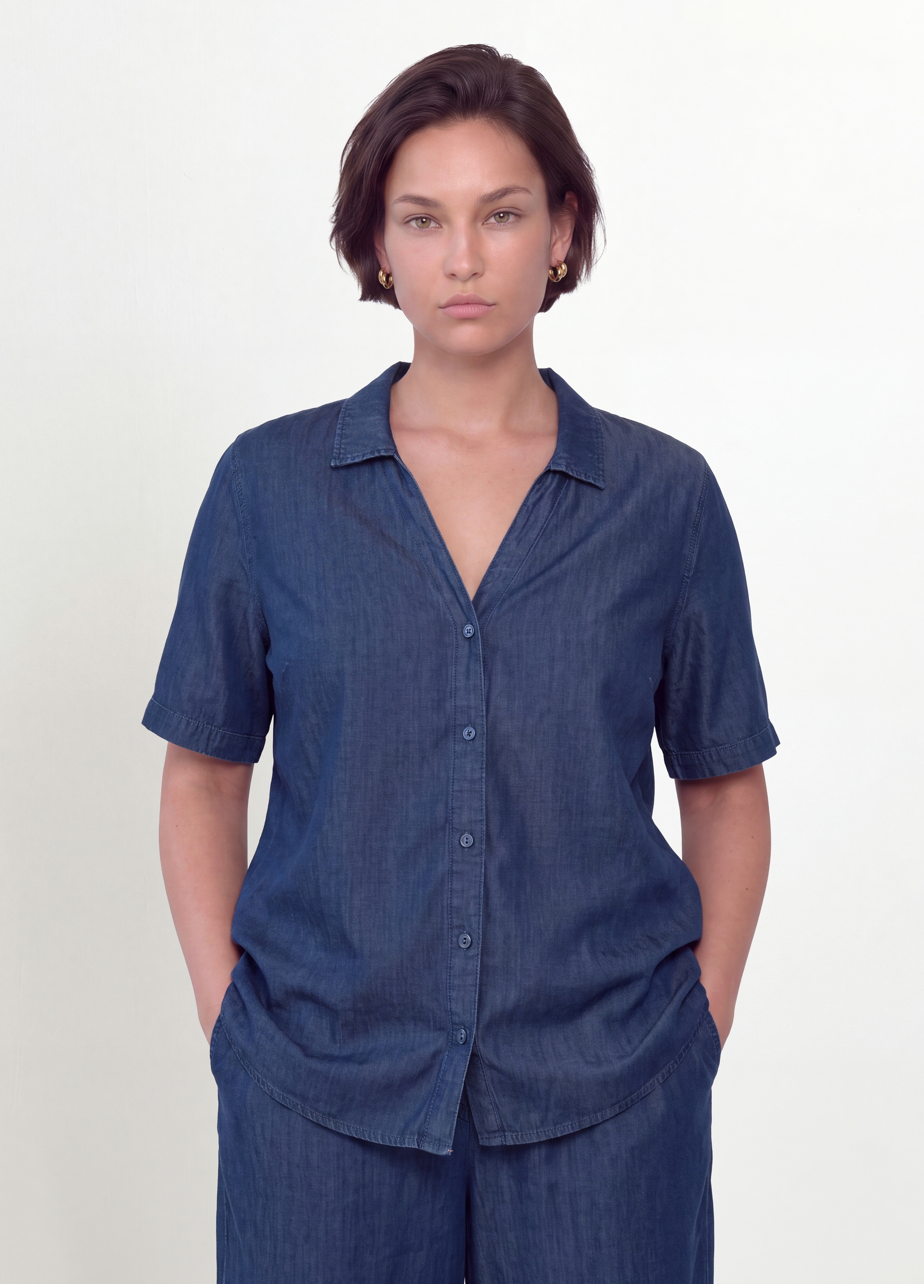 MYA, Camicia Blu In Puro Lyocell A Maniche Corte Regular Fit, Donna, Blu, Taglia: S