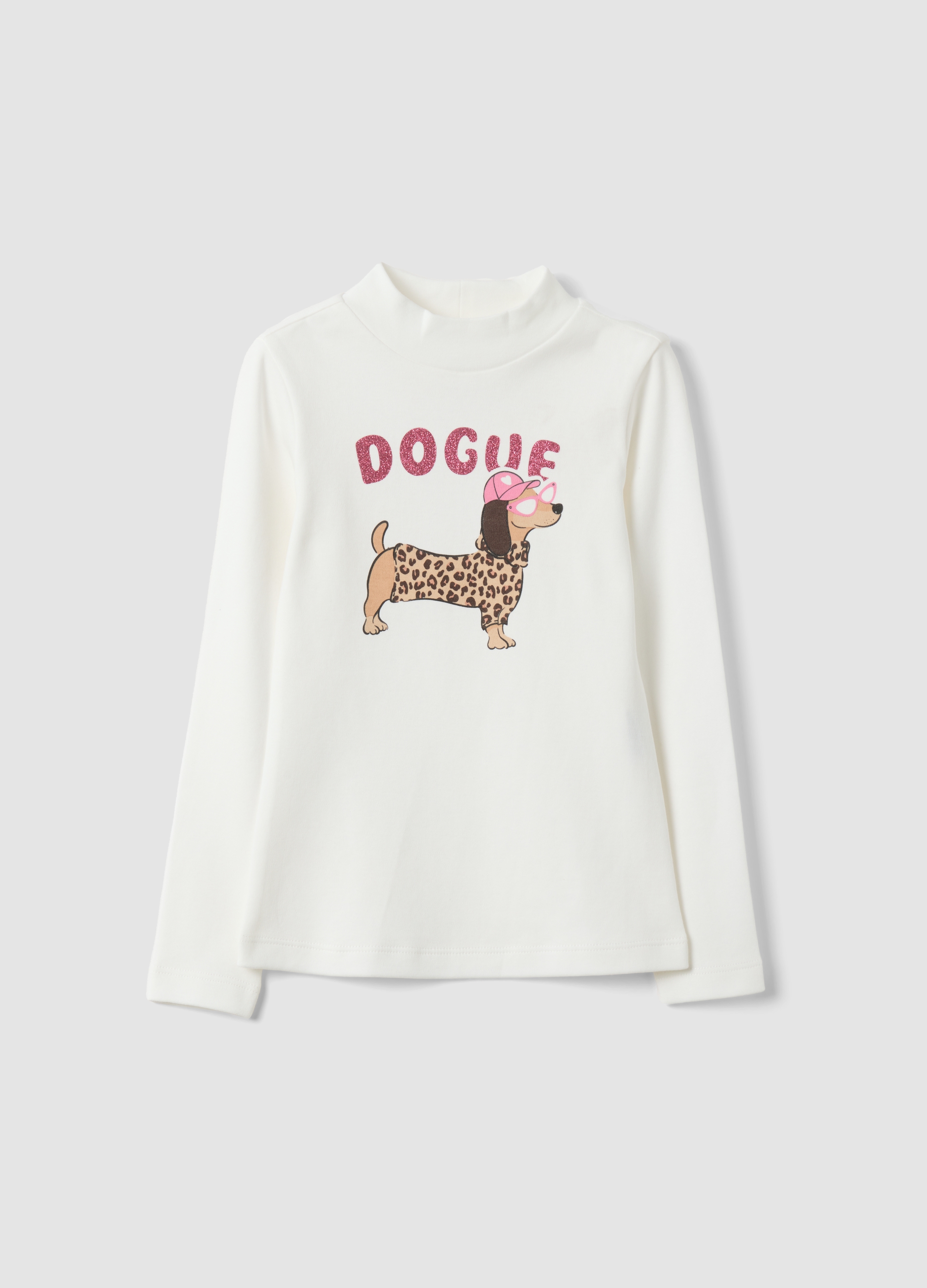 OVS KIDS, T-shirt Bianca In Puro Cotone Organico Con Collo Rialzato E Stampa Cagnolino, Bambina, Bianco, Taglia: 3-4