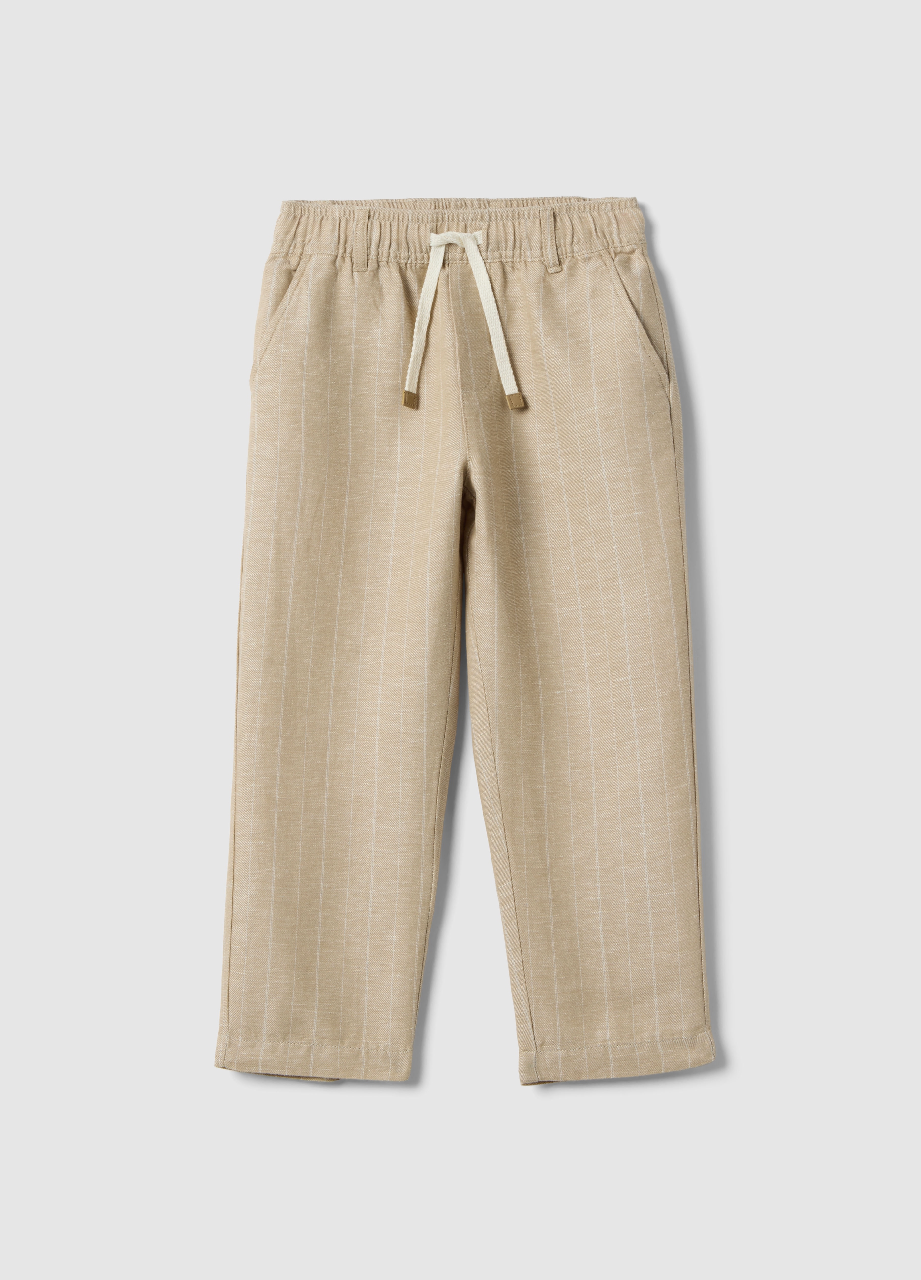 OVS KIDS, Pantaloni In Misto Lino Beige A Righe Da Bambino Regular Fit, Beige, Taglia: 4-5