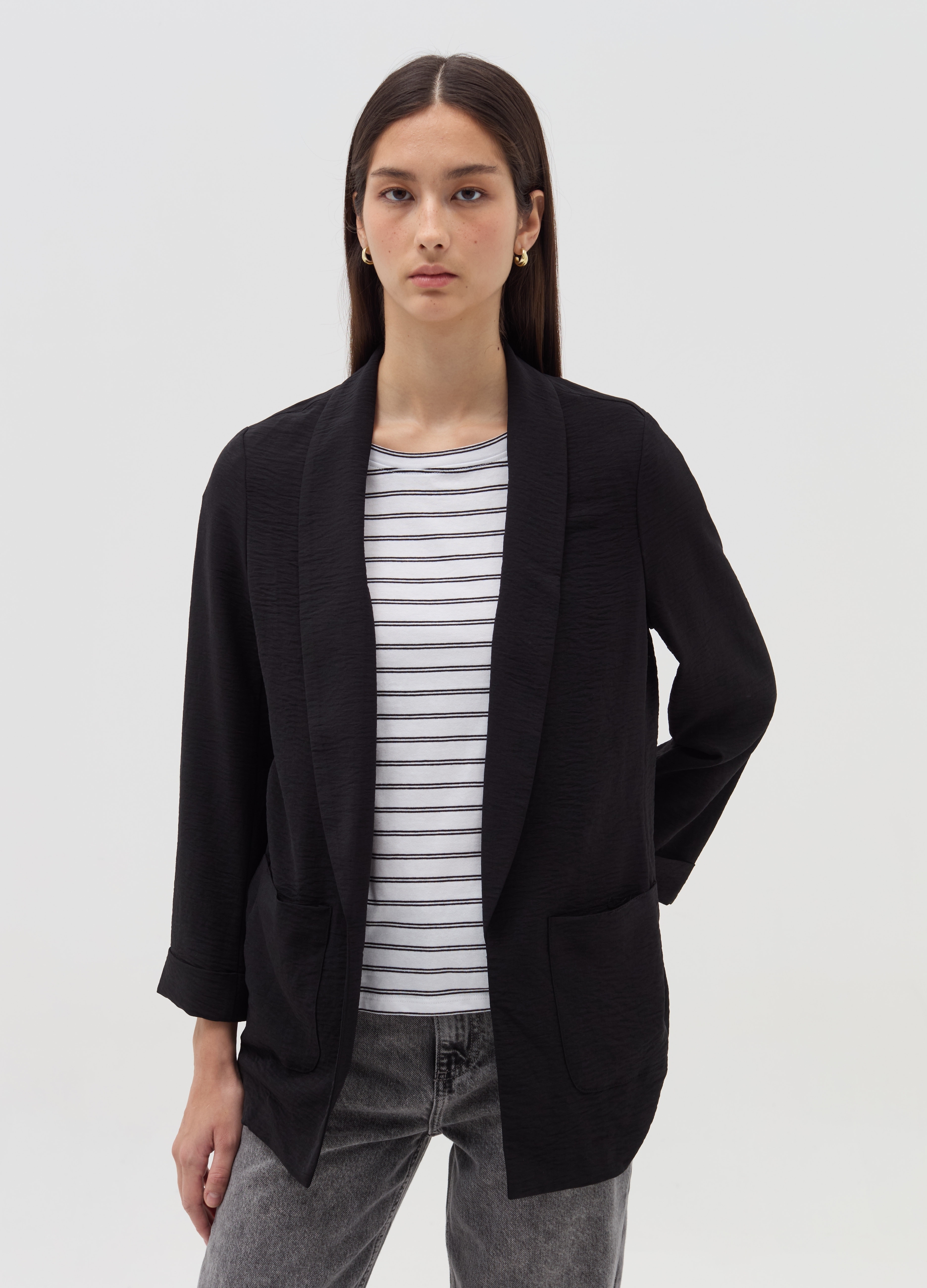 OVS, Blazer Fluido Aperto Effetto Crinkle, Donna, Nero, Taglia: M