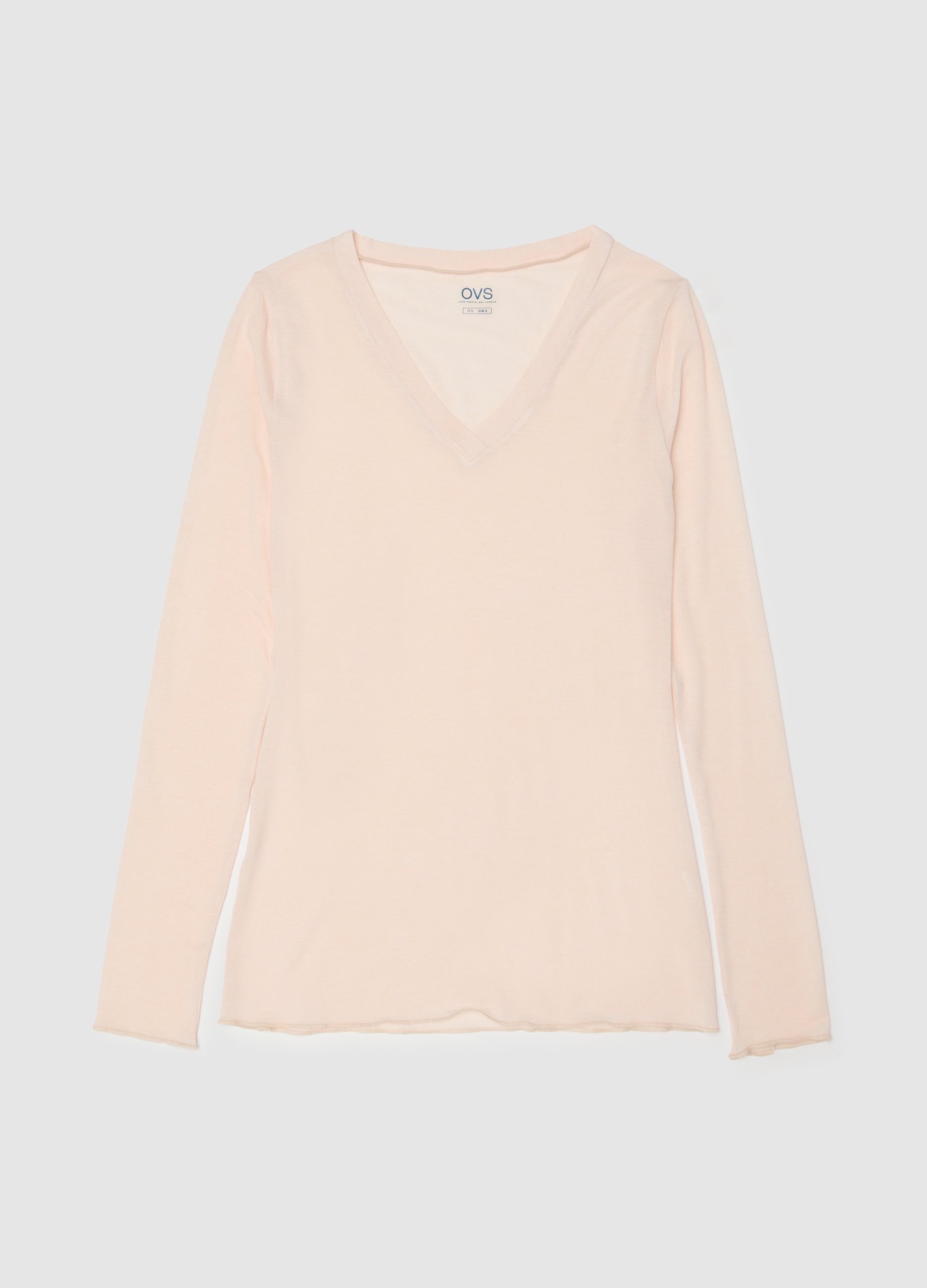 Camiseta Rosa De Manga Larga Regular Fit Con Cuello En V, Mujer, Rosa pastel, Talla: L