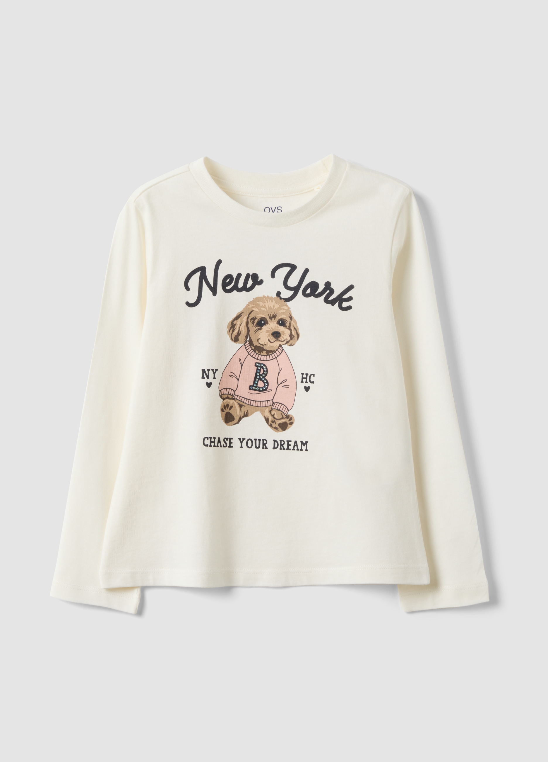 OVS KIDS, T-shirt Bianca In Puro Cotone Organico Con Stampa Cagnolino Per Bambina, Bianco, Taglia: 3-4