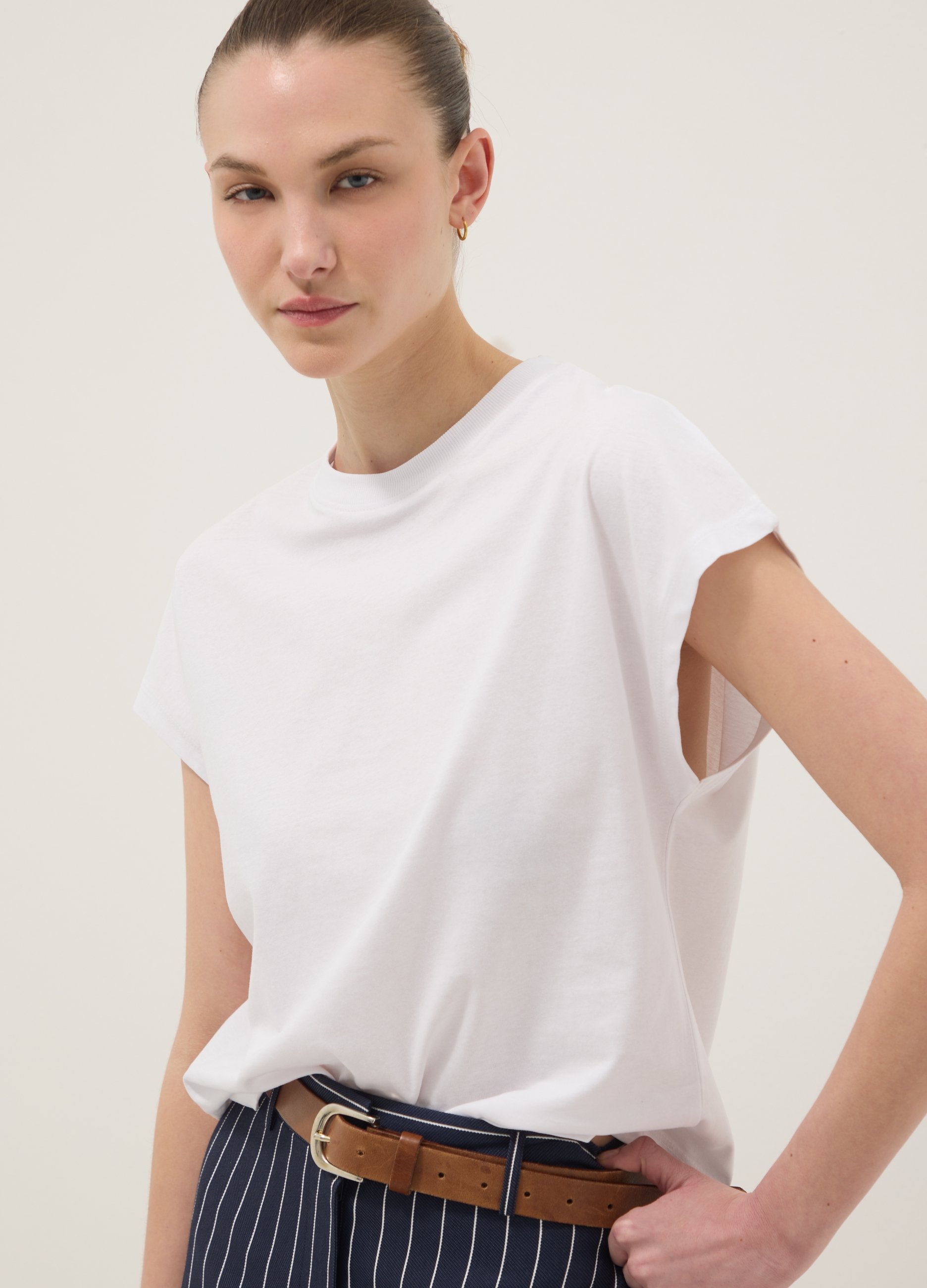 Camiseta Blanca De Manga Corta En Algodón Puro, Corte Ajustado, Mujer, Blanco óptico, Talla: 36