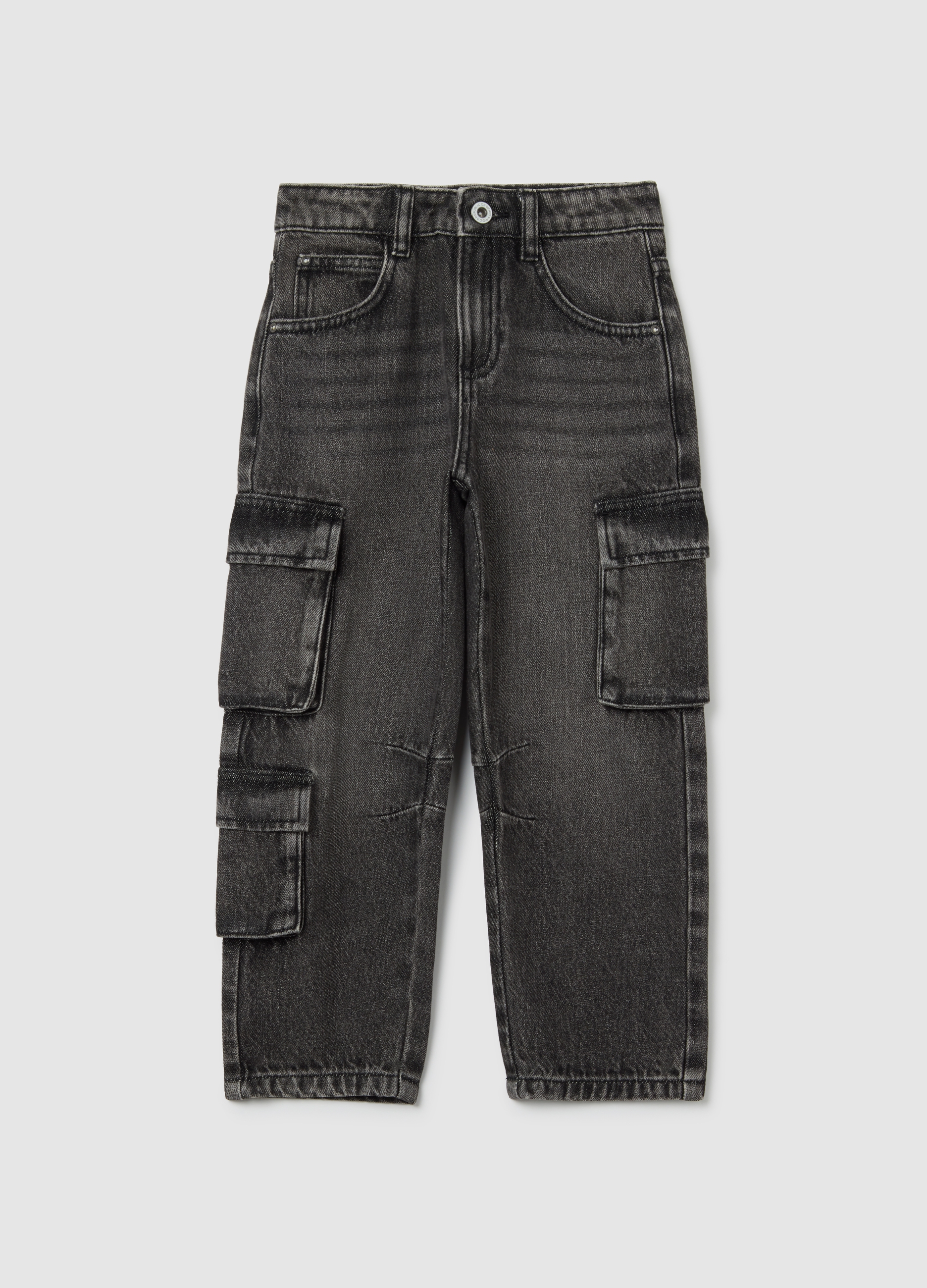 OVS KIDS, Jeans Da Bambino In Puro Cotone Nero Regular Fit Cargo, Nero, Taglia: 3-4