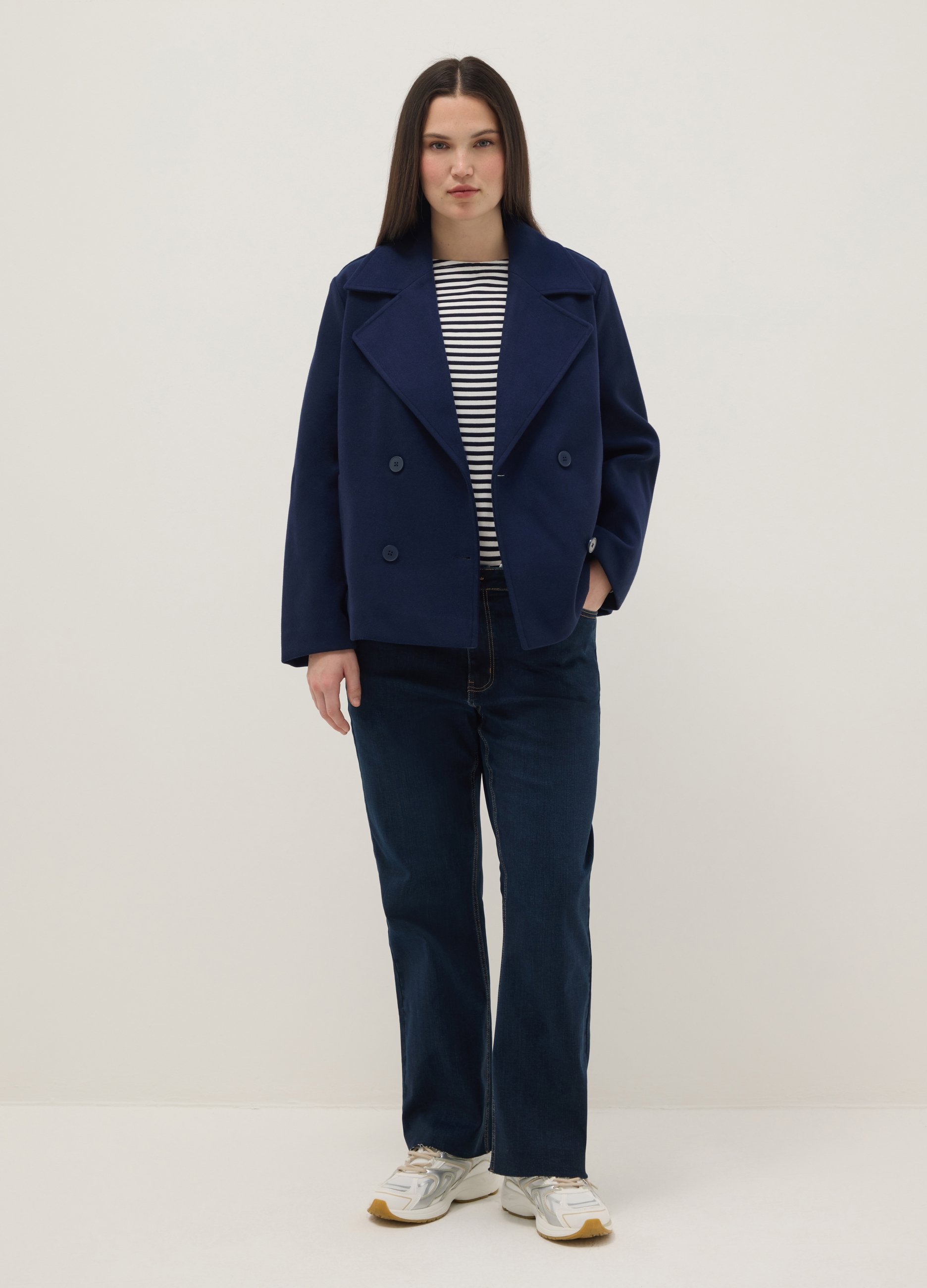 Chaqueta Azul Cruzada, Corte Regular, Mujer, Azul jaspeado, Talla: M