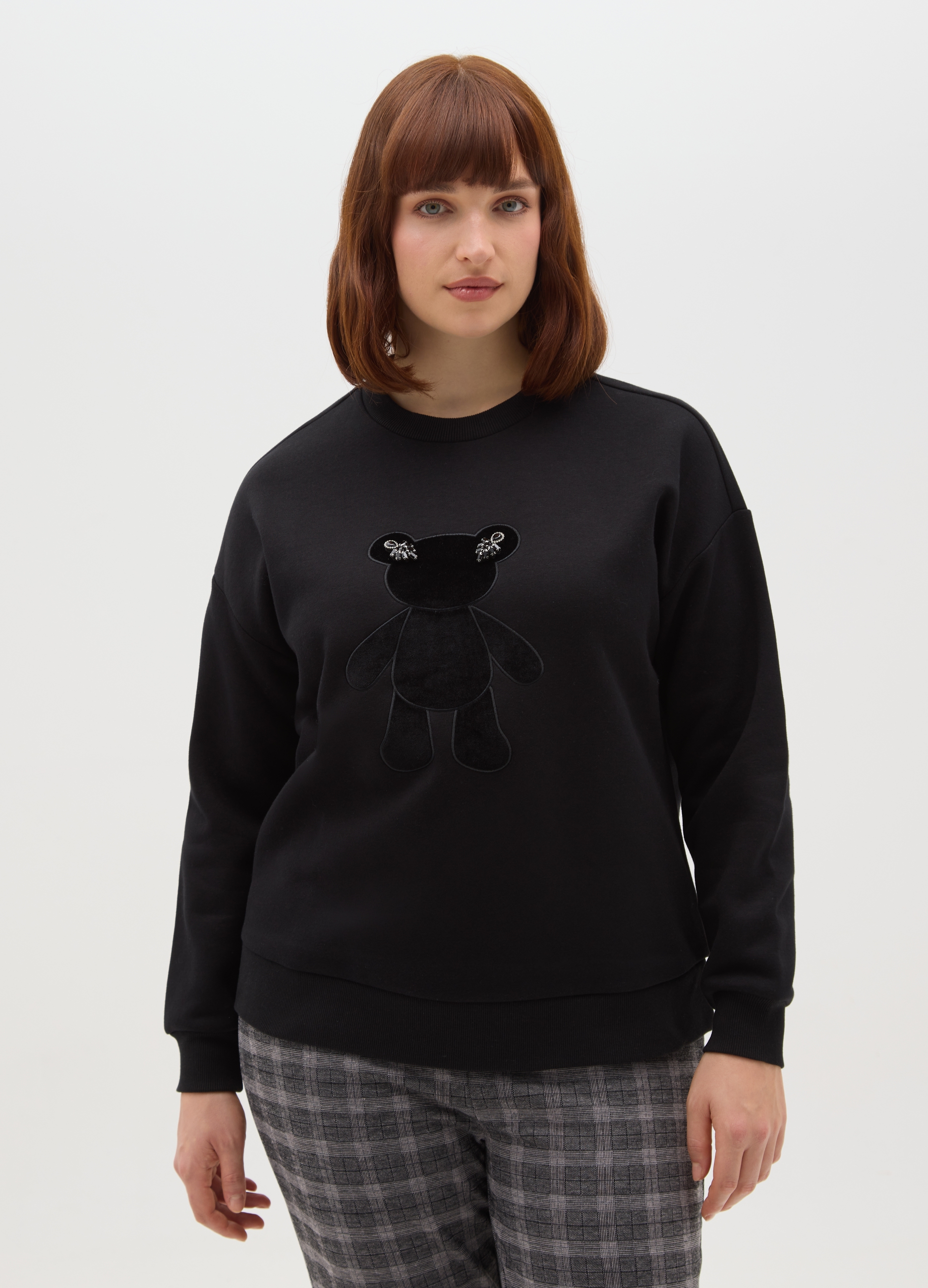 MYA, Felpa Nera In Misto Cotone Regular Fit Con Orsetto Ricamato, Donna, Nero, Taglia: L