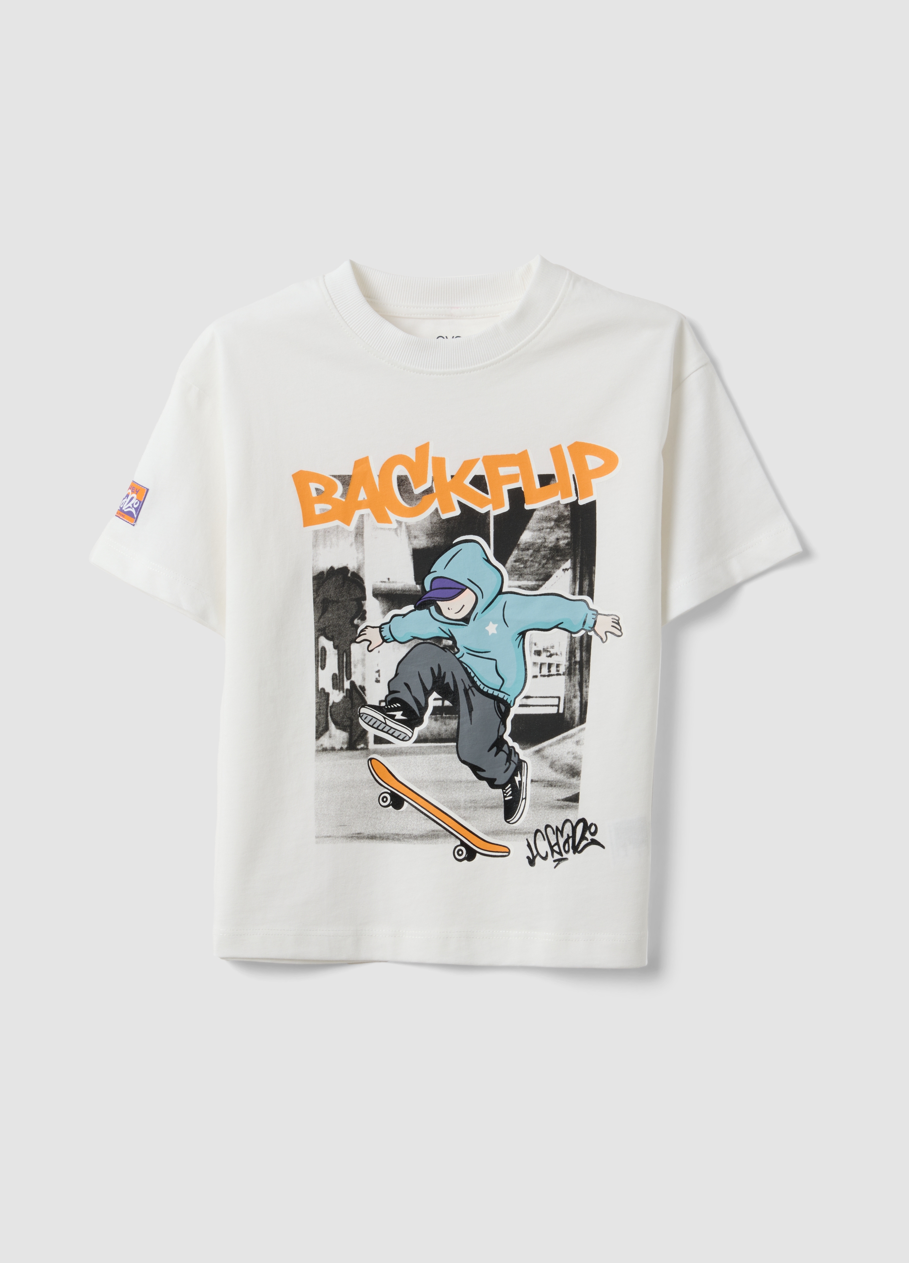 OVS KIDS, T-shirt Over Fit Bianca In Puro Cotone Con Stampa Skate Per Bambino, Bianco, Taglia: 4-5