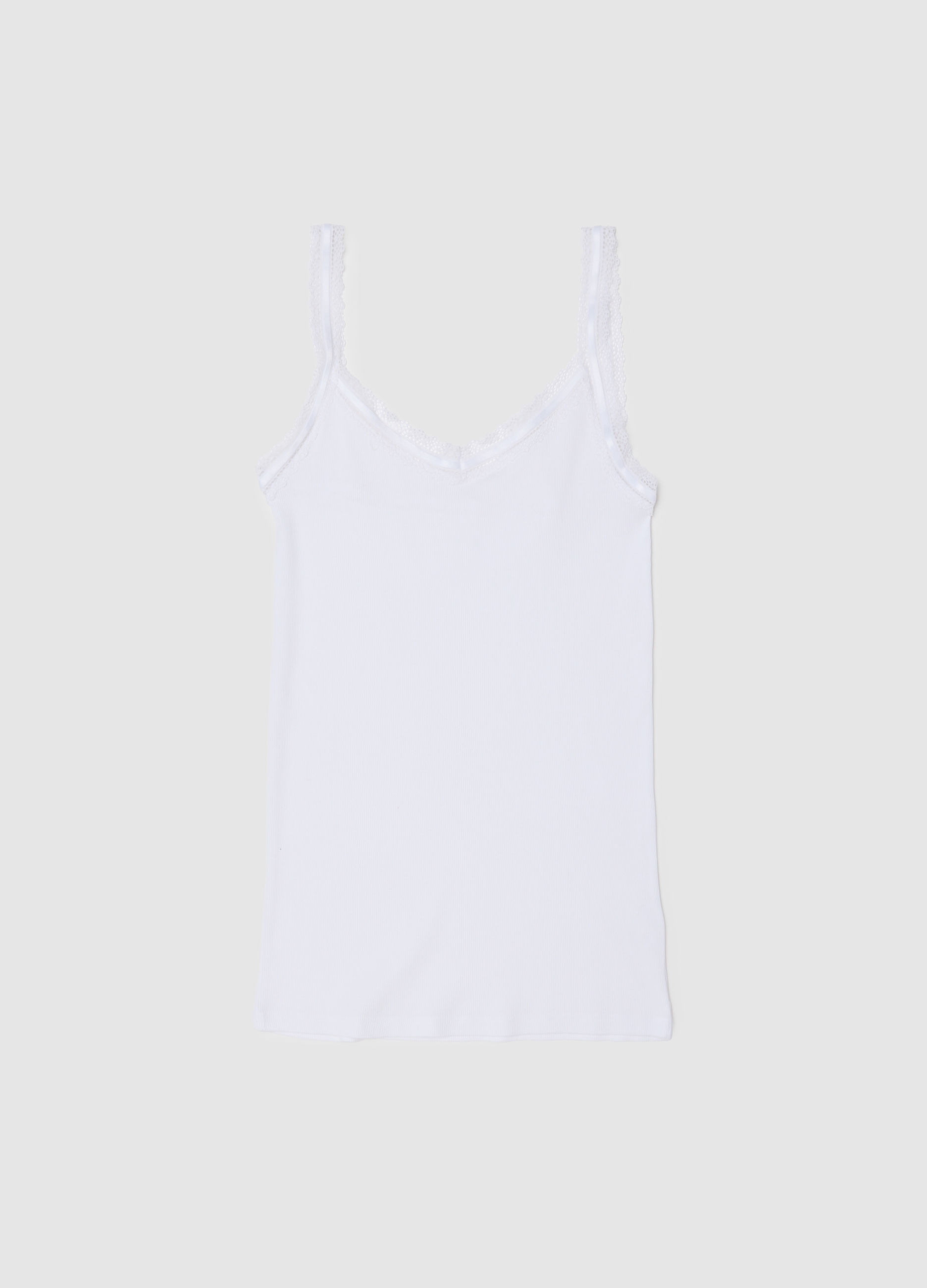 Camiseta Blanca De Algodón Puro Ajuste Regular Con Borde De Encaje, Mujer, Blanco óptico, Talla: XL