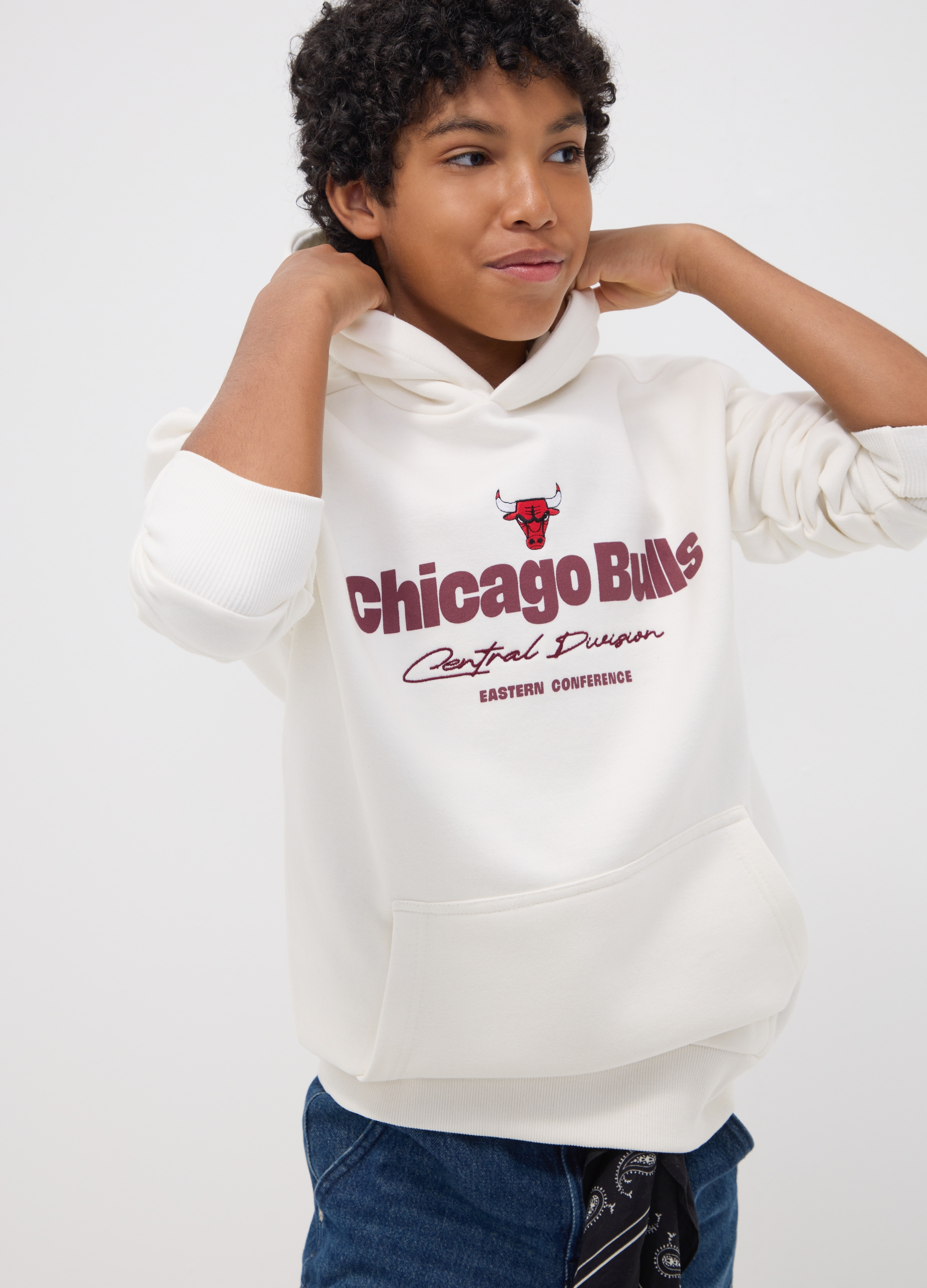 NBA, Felpa Bianca Con Cappuccio In Misto Cotone E Logo Chicago Bulls, Bambino, Bianco, Taglia: 13-14