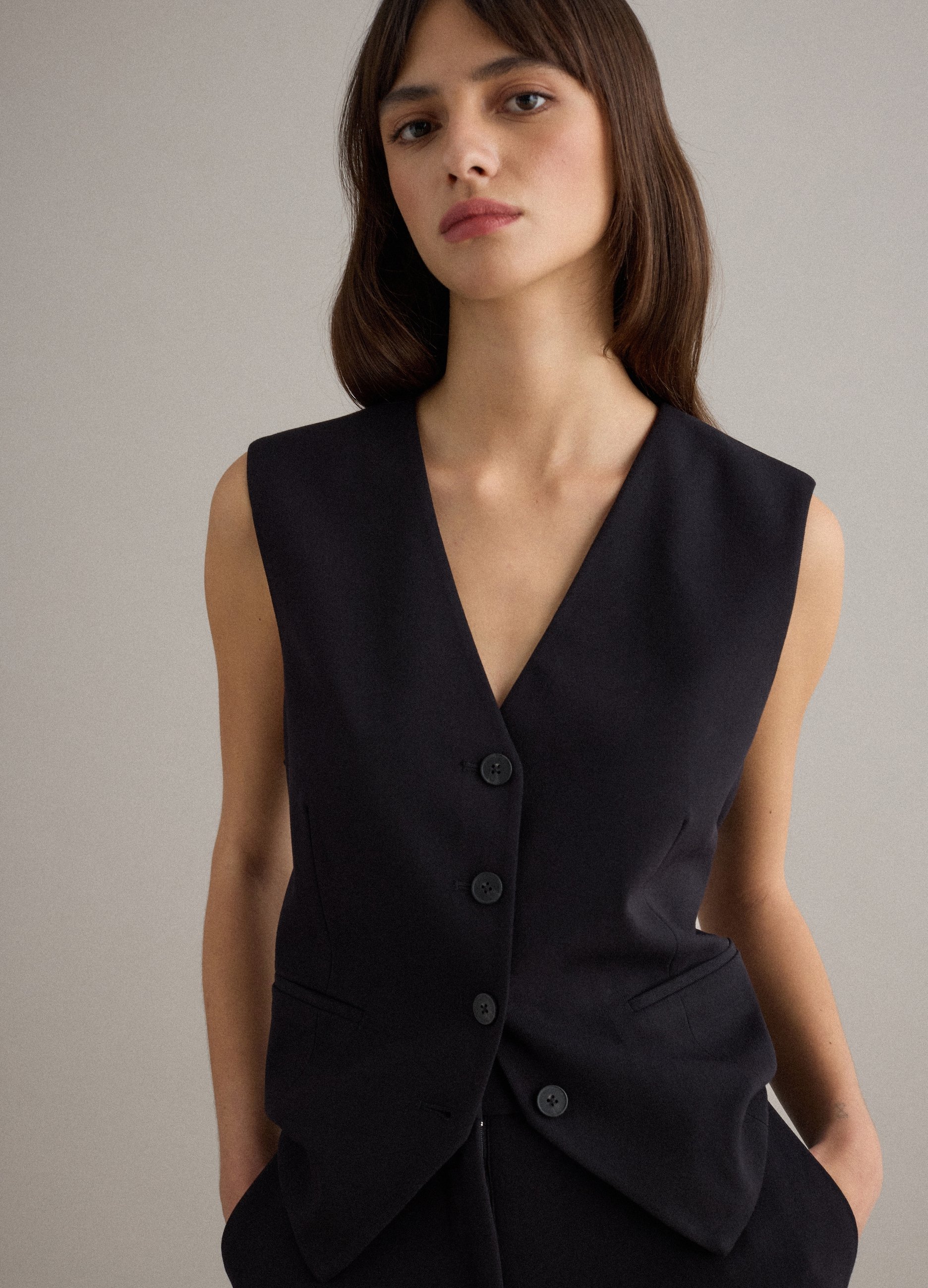 PIOMBO, Chaleco Elegante De Mezcla De Viscosa Negro Ajuste Regular, Mujer, Gunmetal, Talla: 38