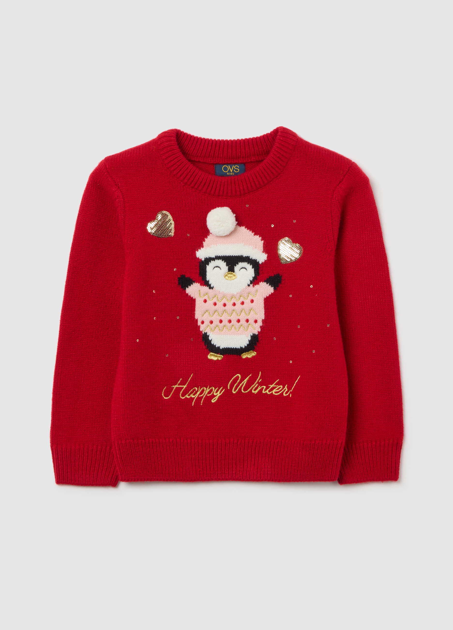 OVS KIDS, Maglione Rosso Da Bambina Regular Fit Con Motivo A Pinguino, Rosso, Taglia: 3-4