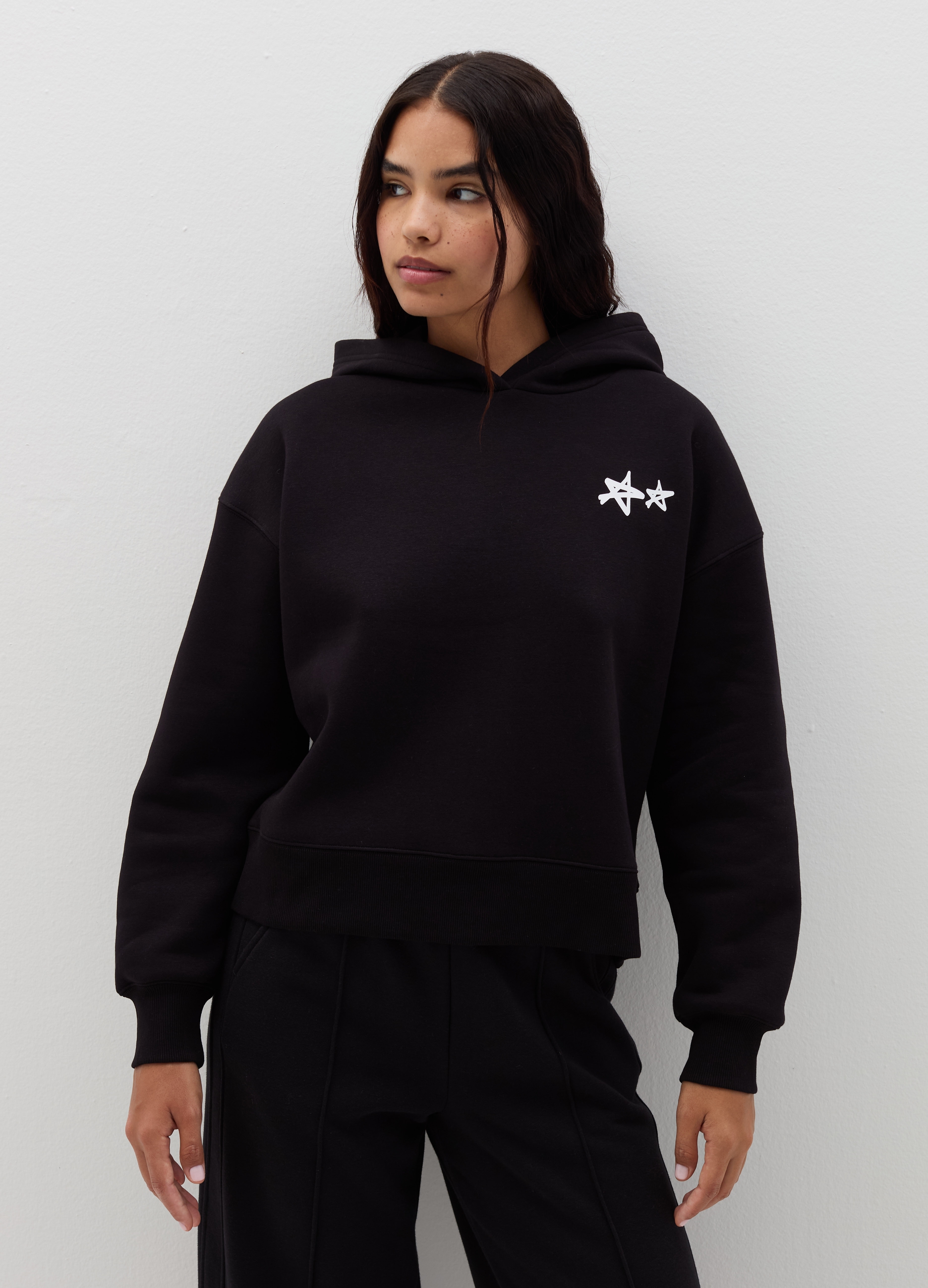 B.ANGEL, Felpa Over Con Cappuccio E Stampa, Donna, Nero, Taglia: XL