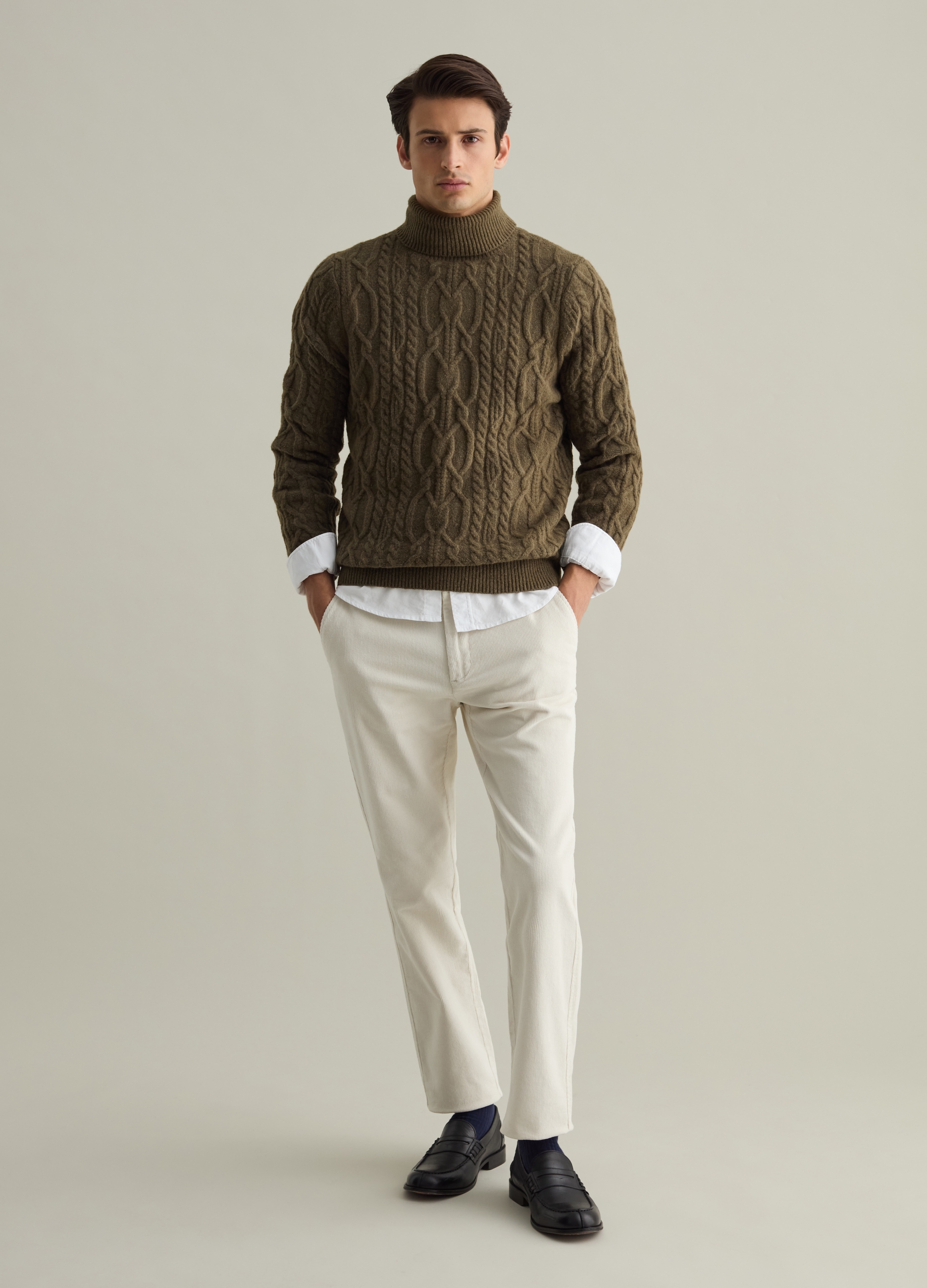 Jersey De Trenzas Con Cuello Alto, Hombre, Verde militar, Talla: XL