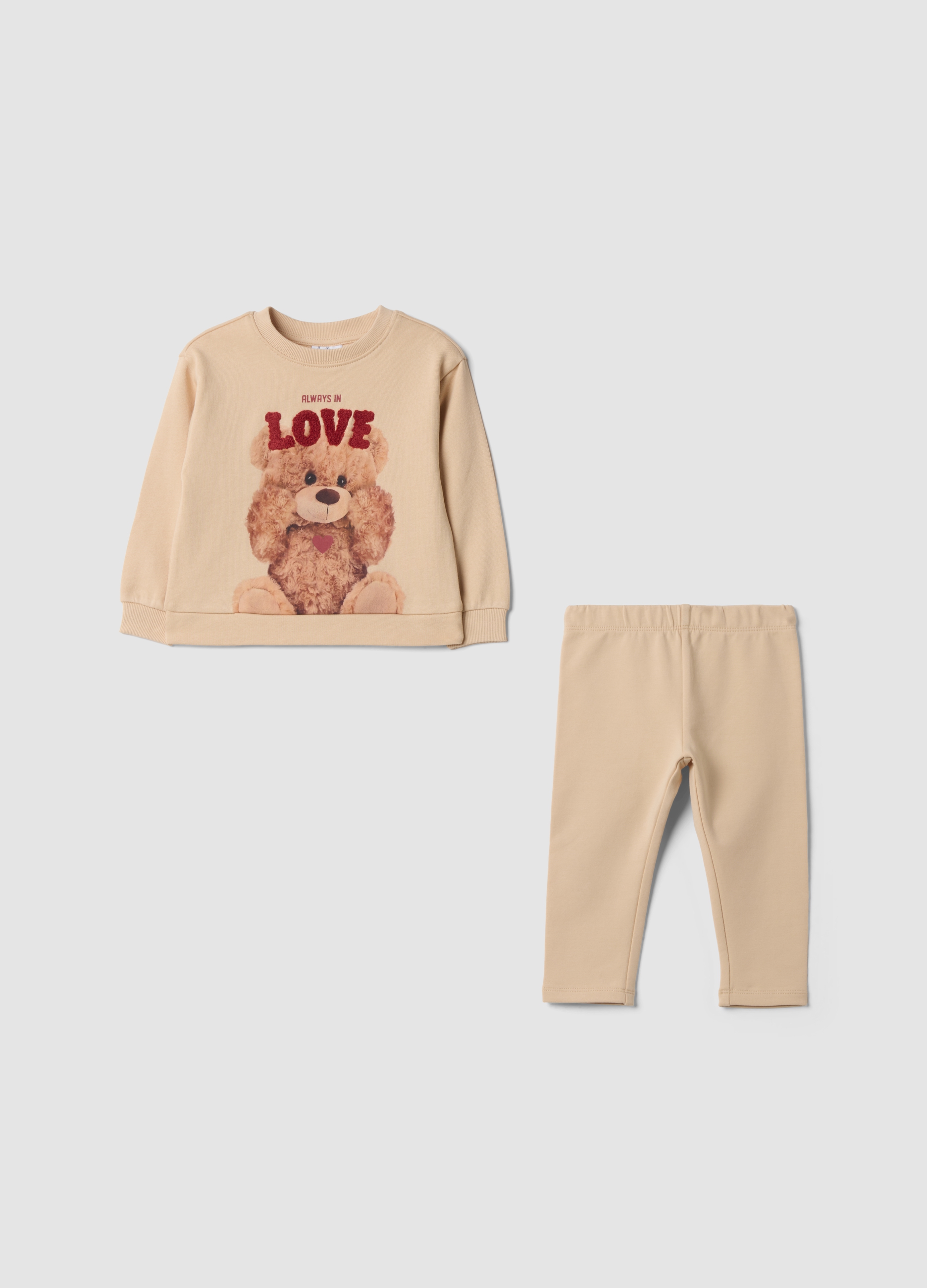 FAGOTTINO, Completo Beige In Puro Cotone Con Stampa Orsetto, Bambina, Beige, Taglia: 12-18
