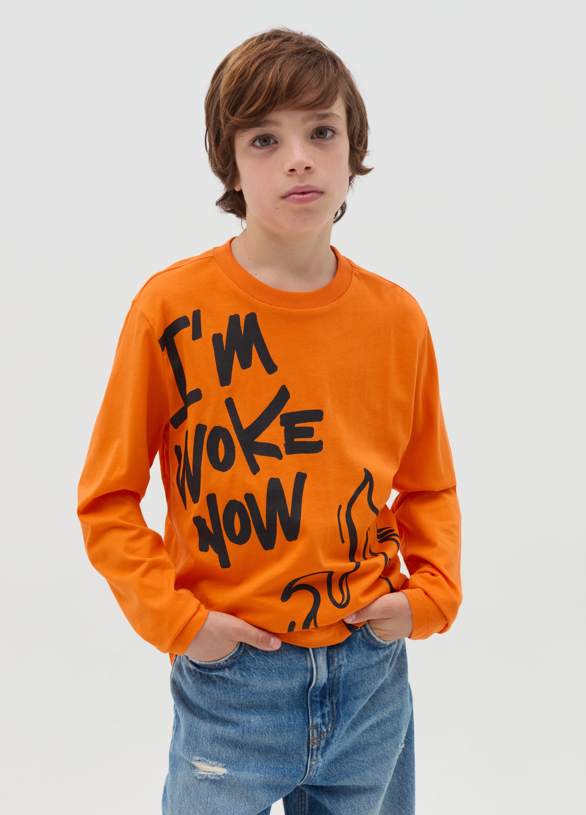 Camiseta De Manga Larga Con Estampado, Niño, Naranja, Talla: 14-15