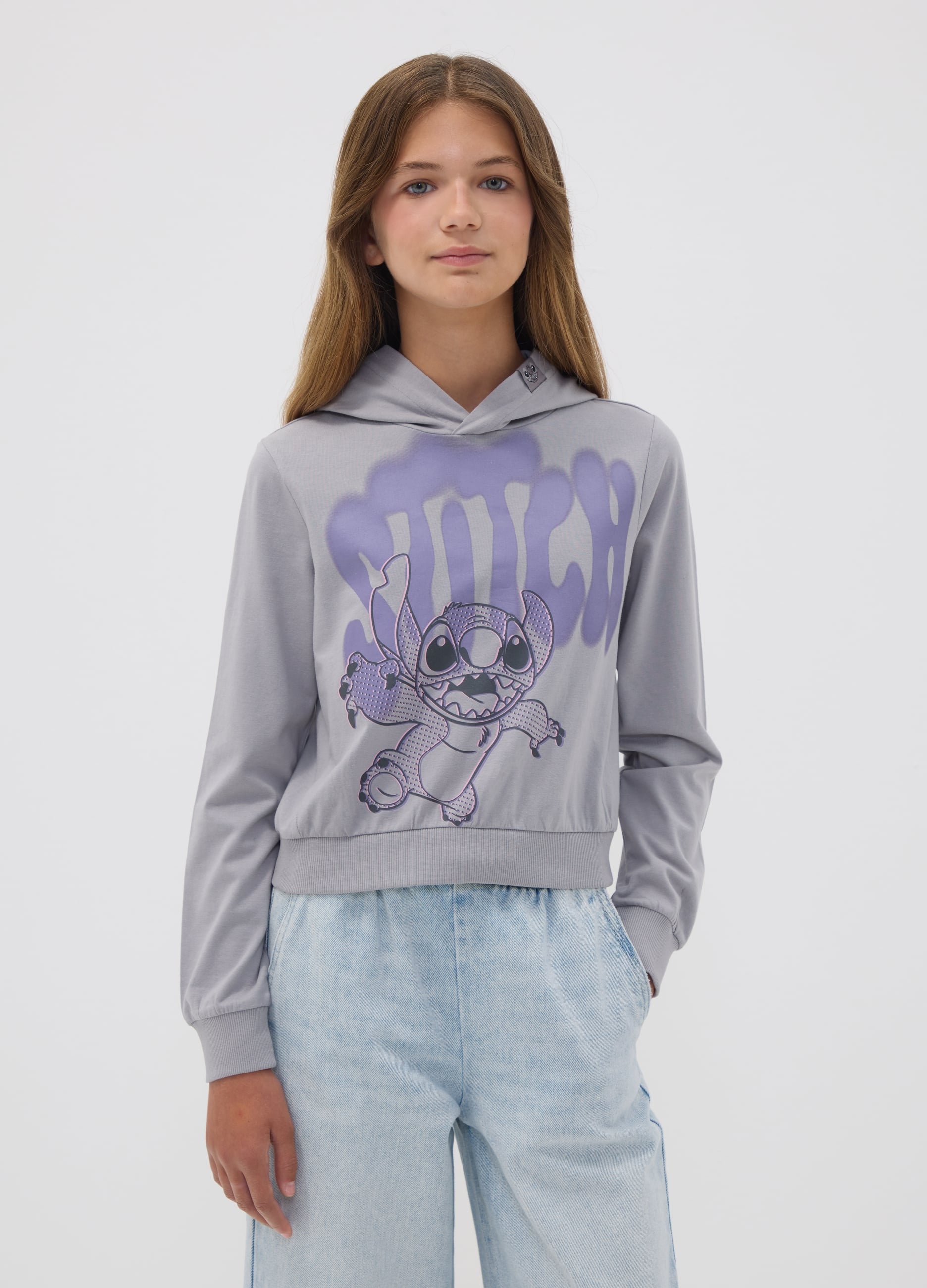 DISNEY, T-shirt Con Cappuccio Grigia In Puro Cotone Con Stampa Lilo & Stitch Per Ragazza, Bambina, Grigio, Taglia: 12-13