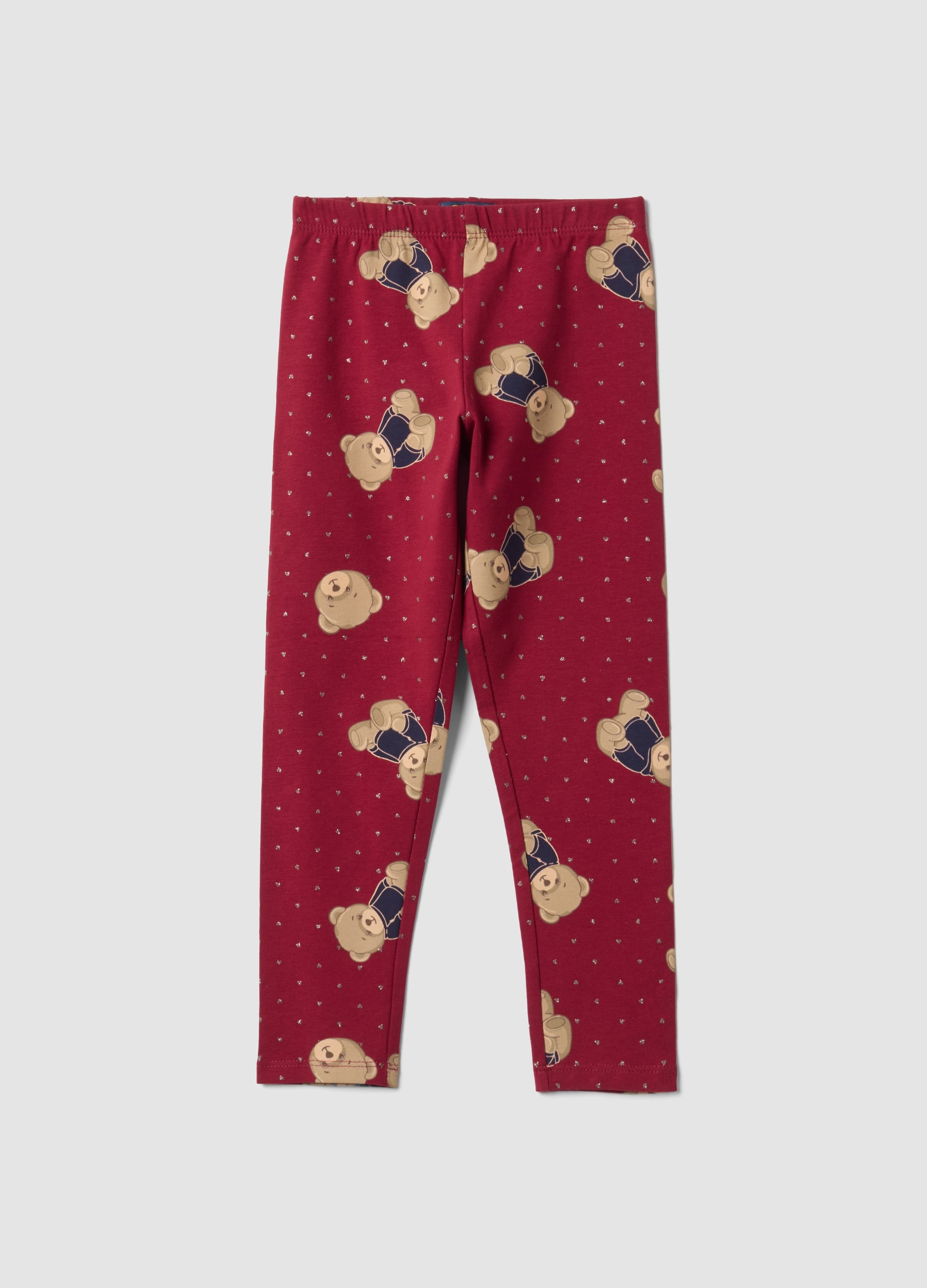 OVS KIDS, Leggings Rossi In Cotone Organico Elasticizzato Con Stampa Orsetti Per Bambina, Rosso, Taglia: 6-7