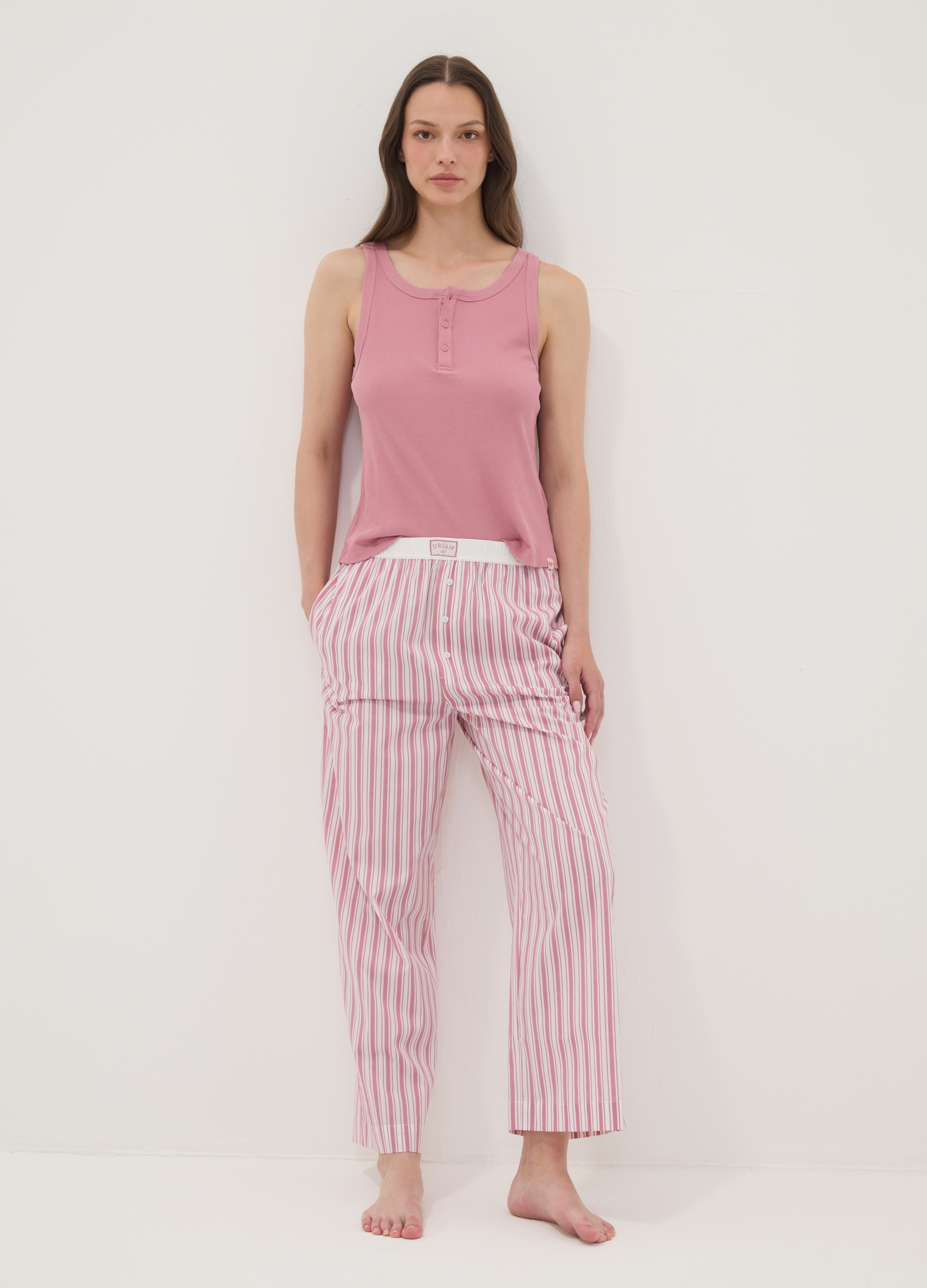 OVS, Pantaloni Pigiama Rosa A Righe In Popeline Di Misto Cotone Elasticizzato, Donna, Rosa, Taglia: XL