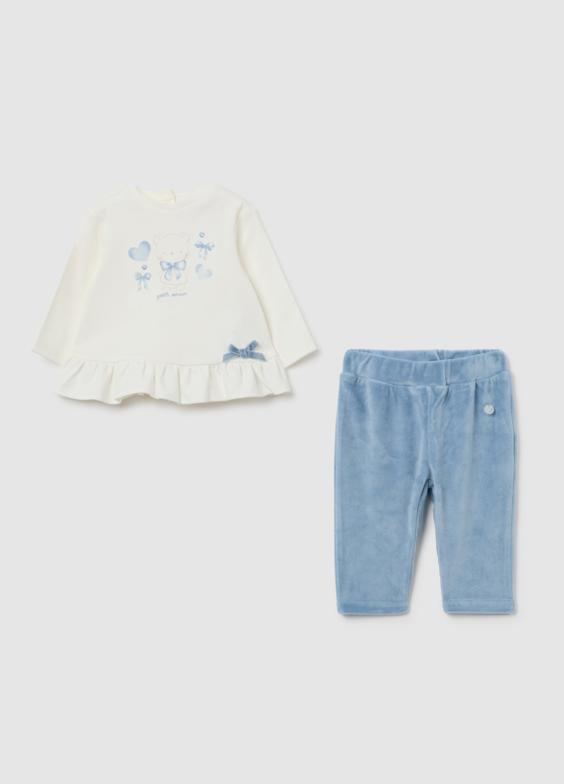 FAGOTTINO, Conjunto Multicolor De Camiseta Y Pantalón De Algodón Para Bebé Niña, Bebé Niña, Blanco/azul claro, Talla: 1-3