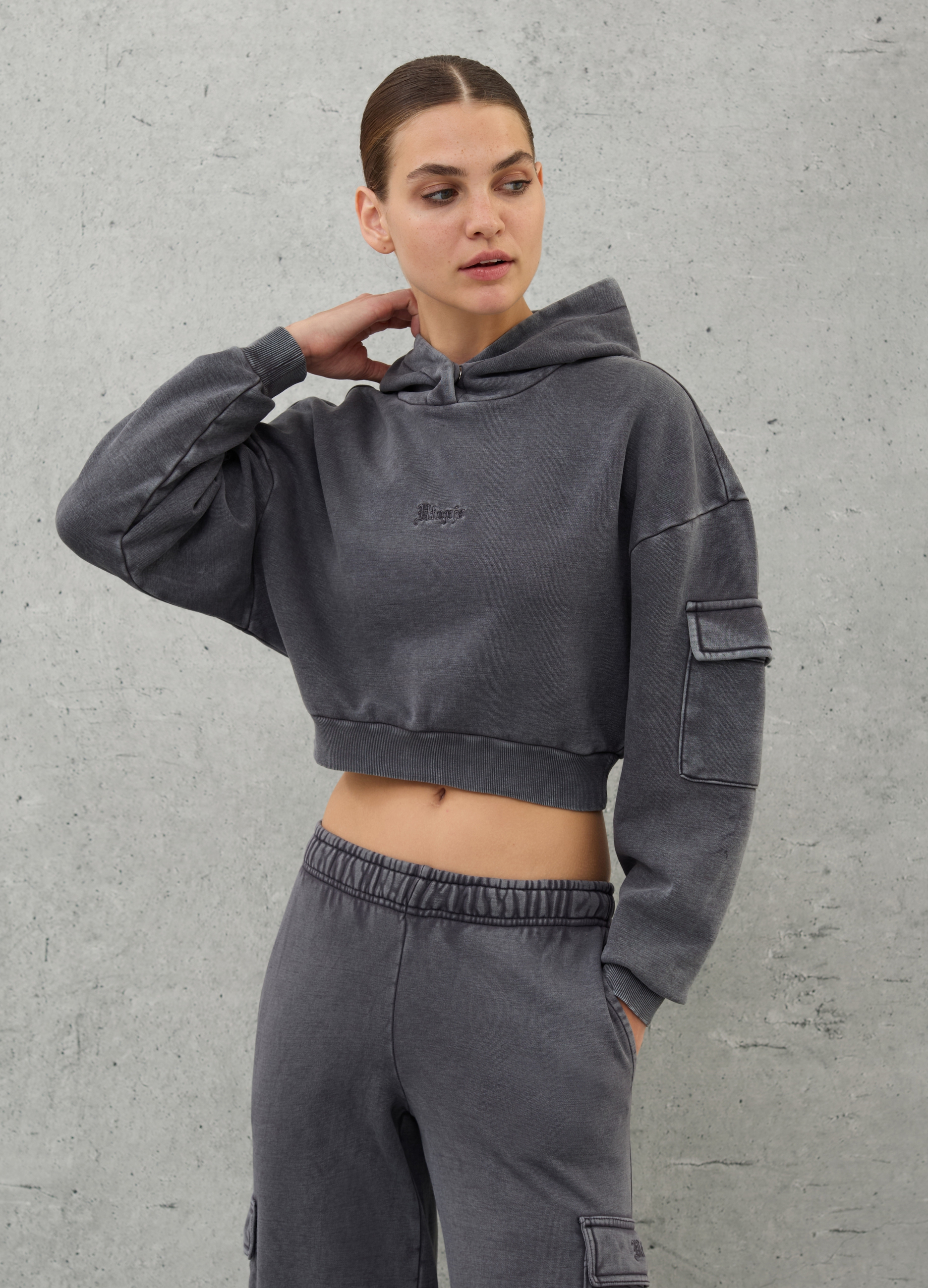 OVS, Crop Cargo Hoodie Vintage Grey, Mujer, Gris granito, Talla: 36