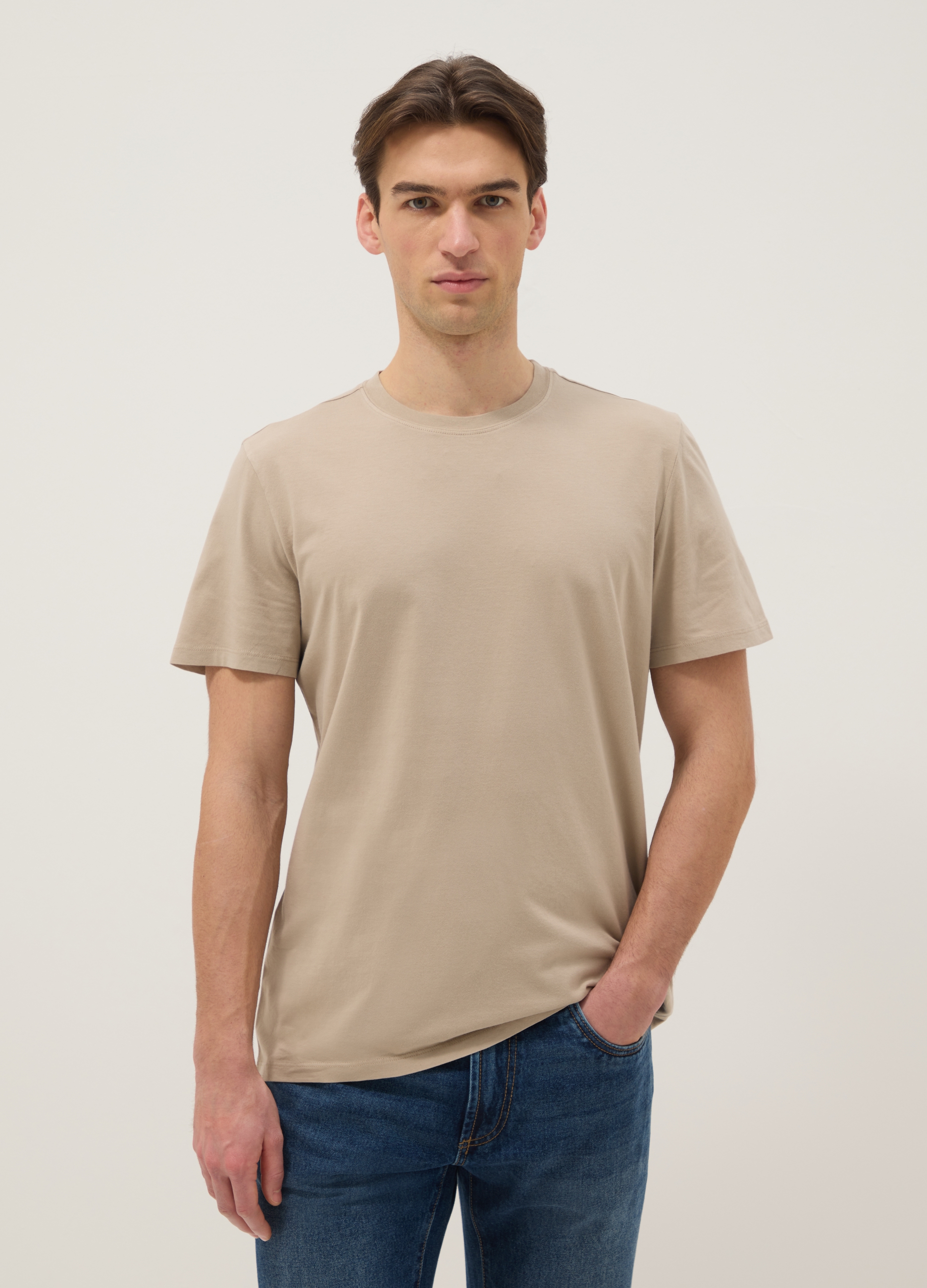 Camiseta Beige De Manga Corta En Puro Algodón Italiano, Hombre, Beige, Talla: L