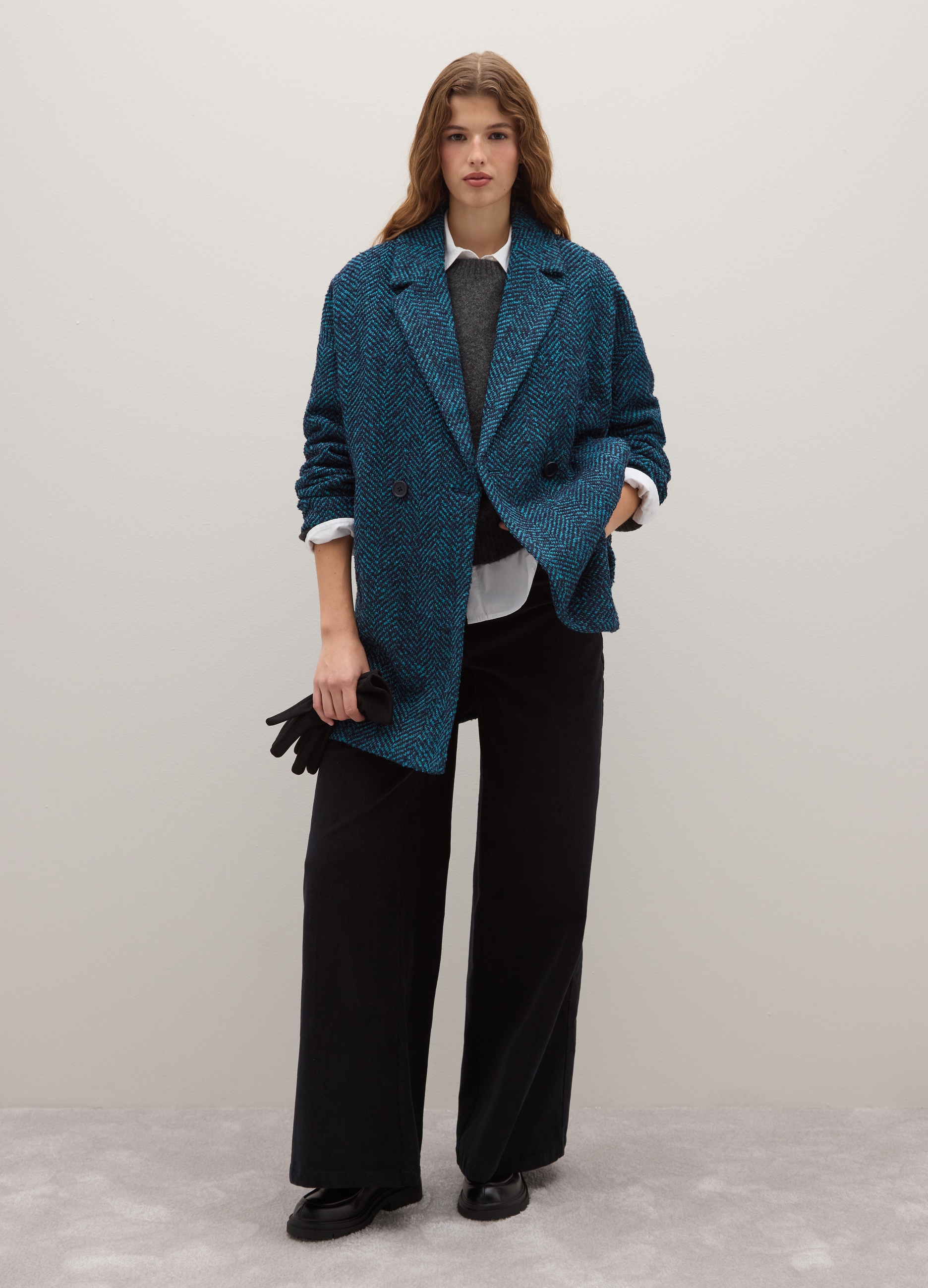 PIOMBO, Cappotto Doppiopetto Blu Con Motivo Spigato Vestibilità Oversize, Donna, Blu, Taglia: XS