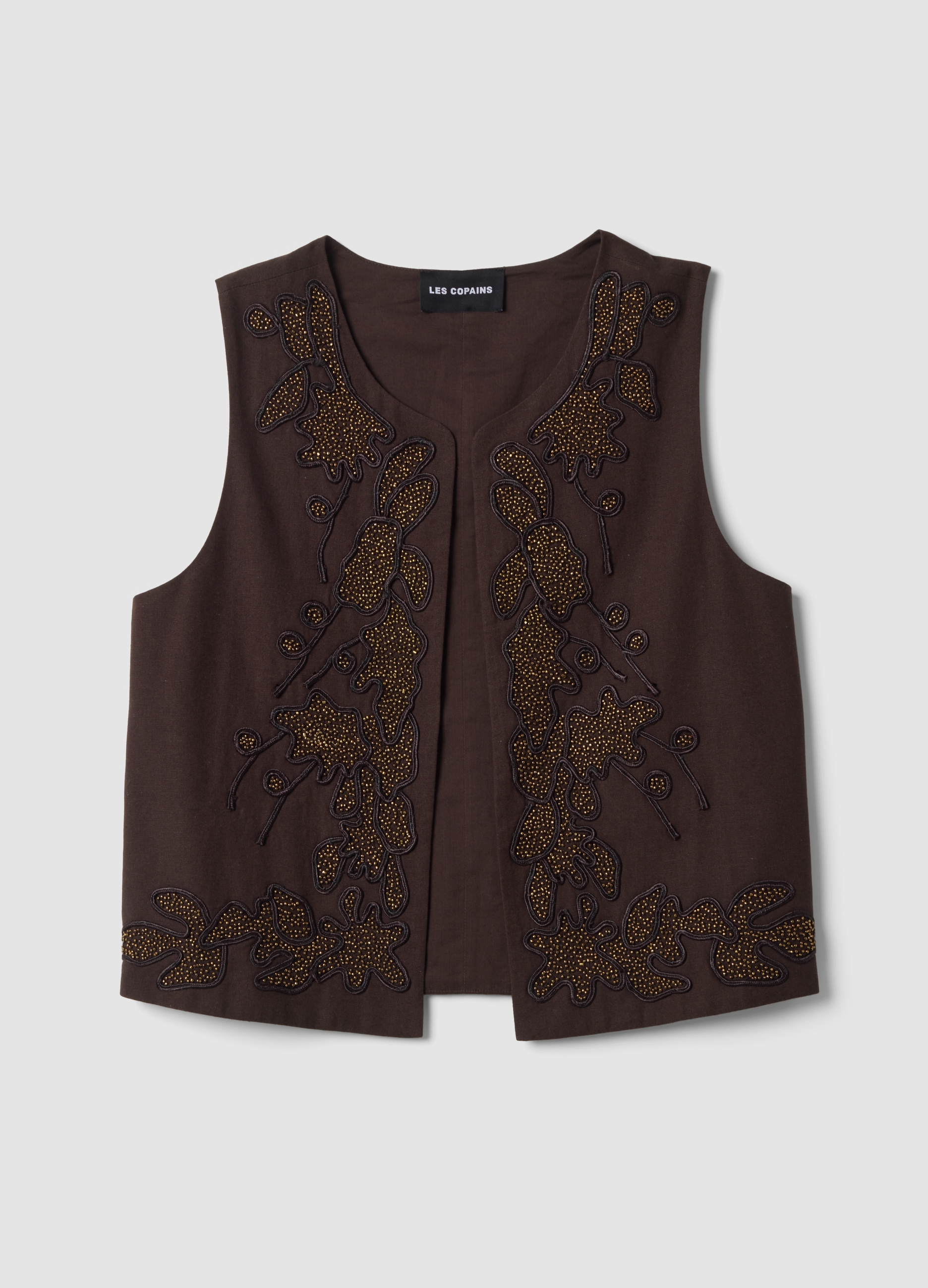 LES COPAINS, Gilet Marrone In Misto Cotone E Lino Con Ricamo Floreale, Donna, Marrone, Taglia: L