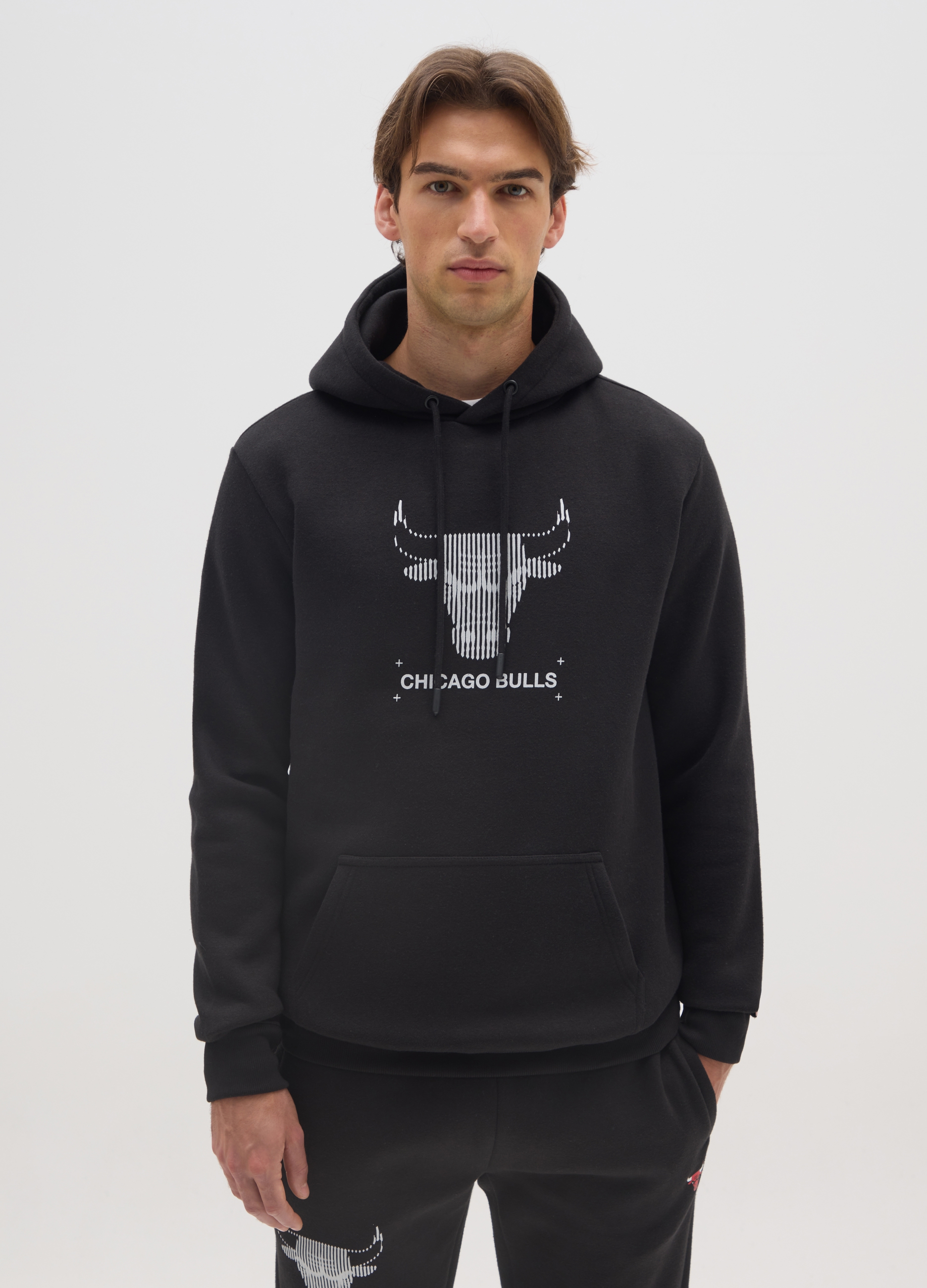 NBA, Felpa In Misto Cotone Nera Con Cappuccio Con Logo Chicago Bulls, Uomo, Nero, Taglia: M