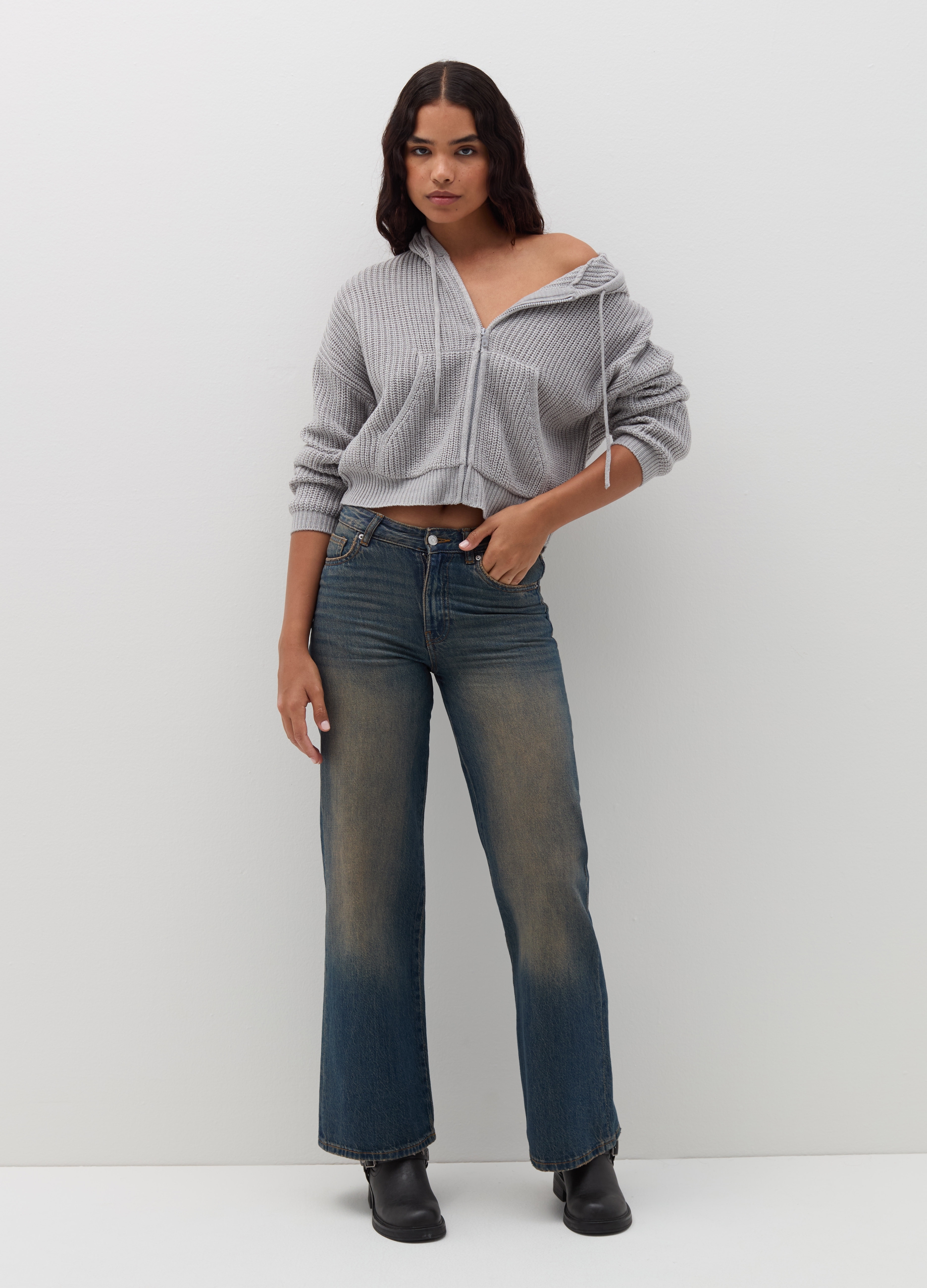 Cárdigan Corto Con Capucha Y Cremallera, Mujer, Gris claro jaspeado, Talla: 34