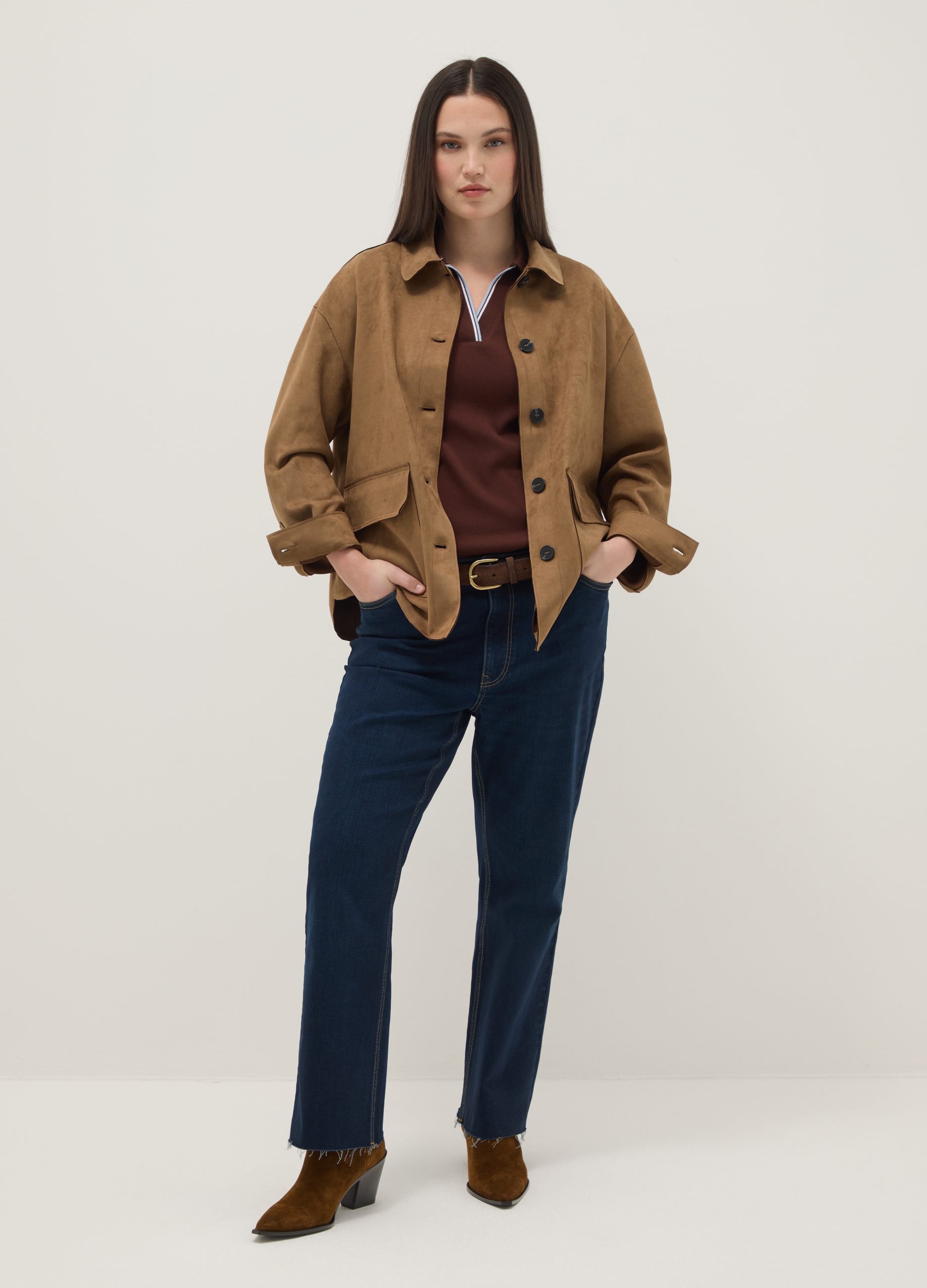 Chaqueta Marrón Regular Fit Con Cuello Y Botones, Mujer, Marrón antílope, Talla: XL